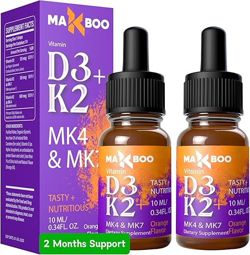 (2 paquetes) Gotas de vitamina D3 K2, vitamina D3 5000 UI y vitamina K2 como MK4 y MK7 - Defensas y absorción más rápida, suplemento de calcio para