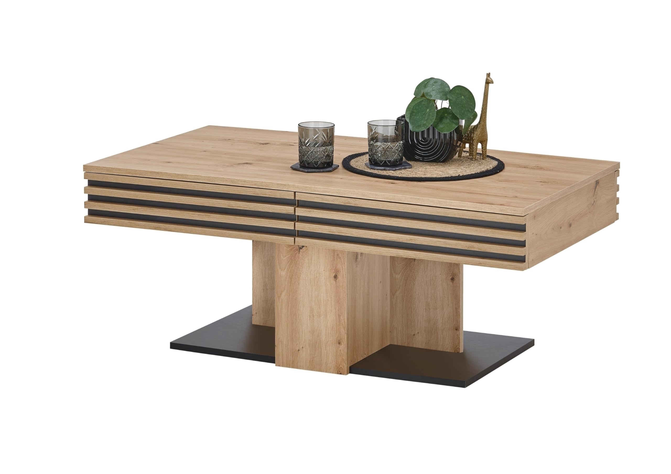 möbelando Couchtisch Luara 110x60 cm – Moderner Wohnzimmertisch in Artisan Eiche Dekor mit 2 Schubladen & schwarzem Akzent – Stabil & Pflegeleicht