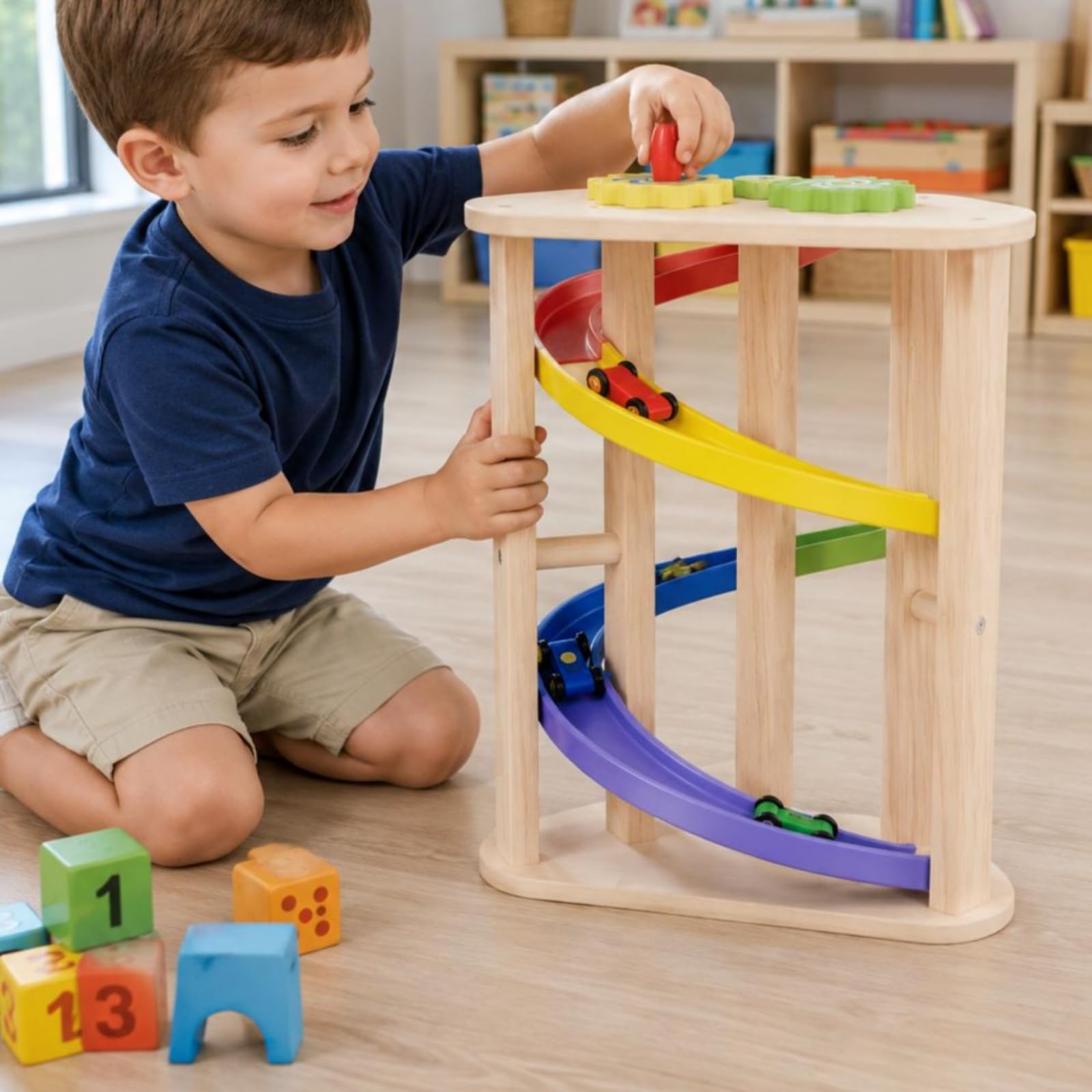 Kinder Kugelbahn Auto Rennbahn Holz Spielzeug Set Rutsche Bahn Lernspielzeug Zahnrad Aktivität Glatte für Vorschule Therapiestelle Frühförderung