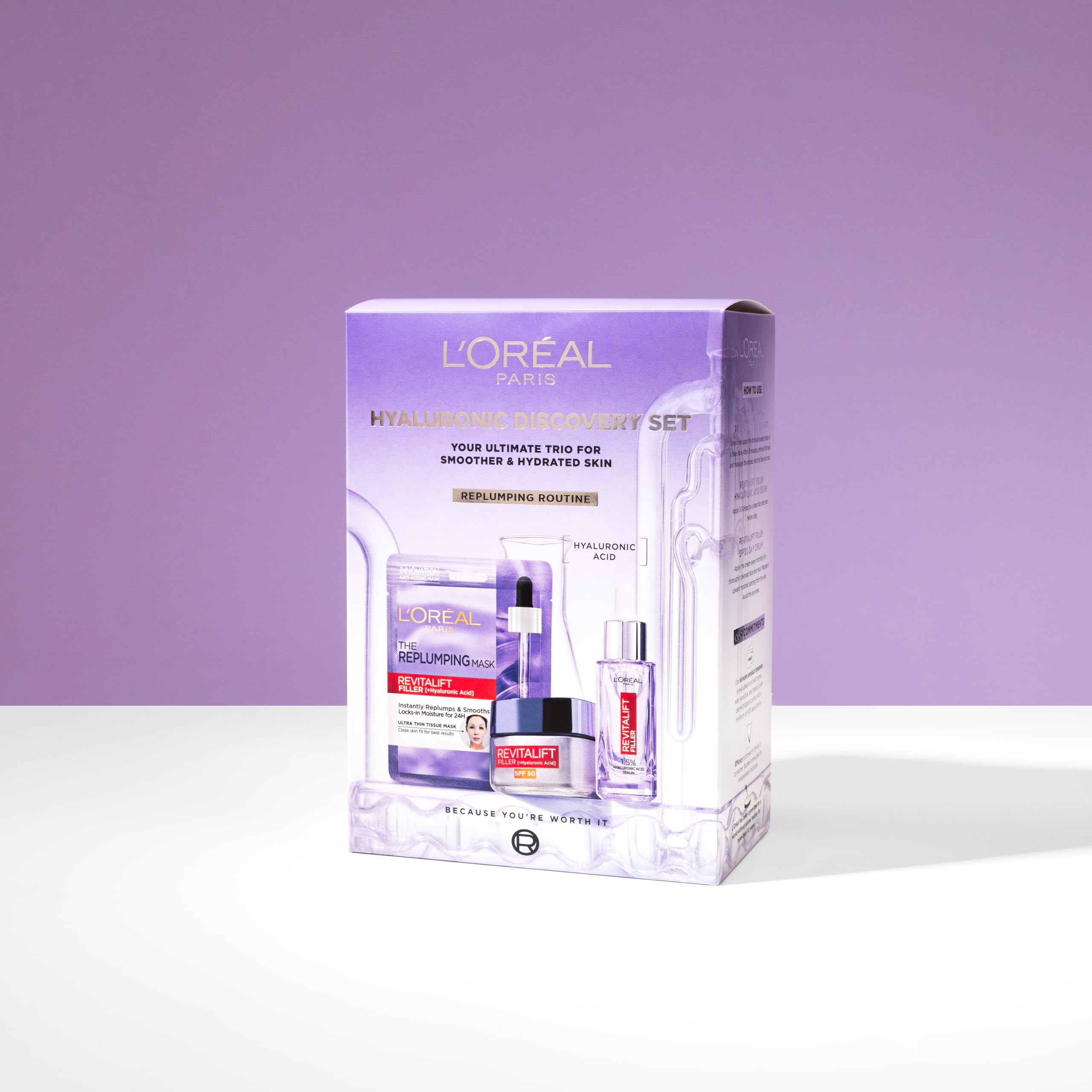L'Oréal Paris Hyaluronic Discovery Set Gift Set - Revitalift Filler 1.5% Hyaluronic Acid Serum, Day cream and Replumping Tissue Mask - Image 2