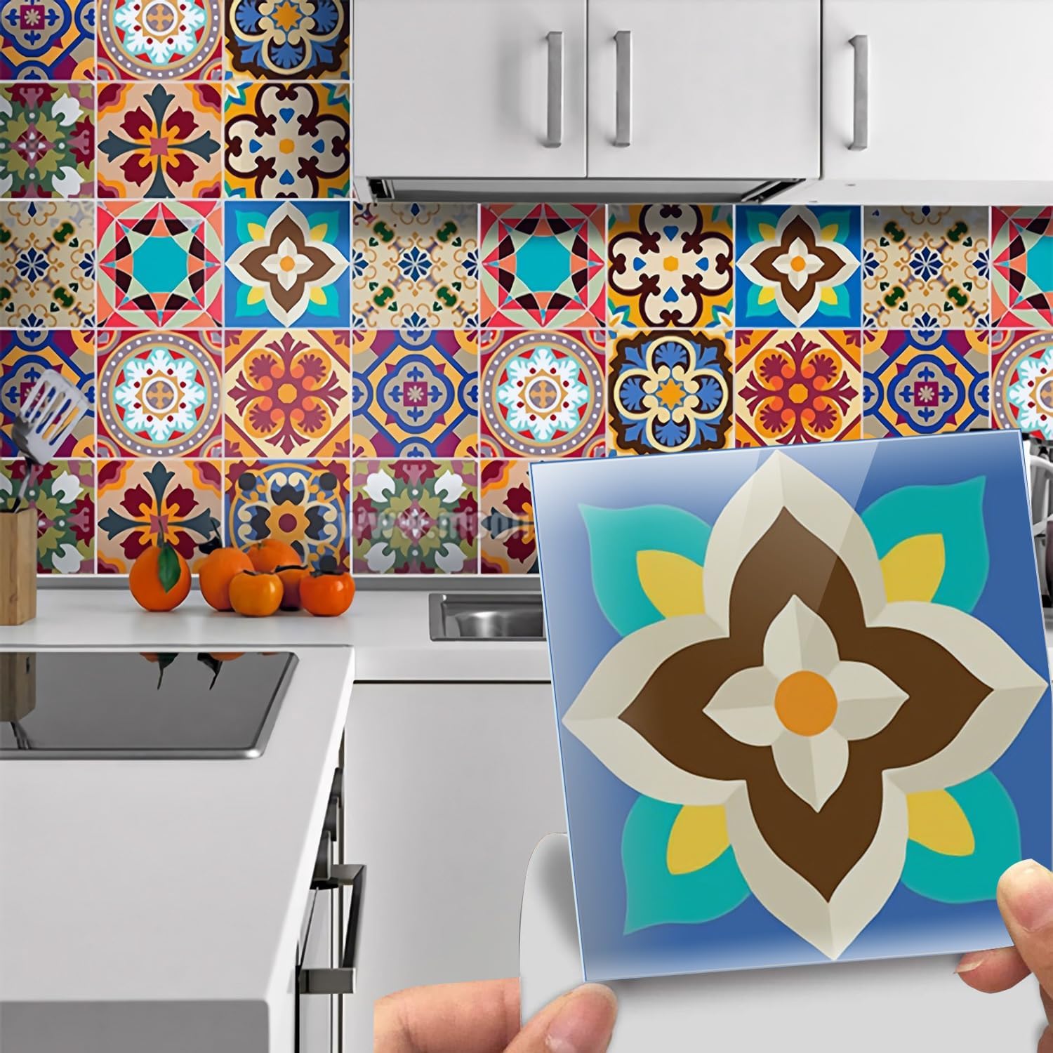 Easy Apply Just Peel and Stick Bohemian Moroccan Tile Decals 6"X6"/PC, 12PC/Pack (Bohemian Red)