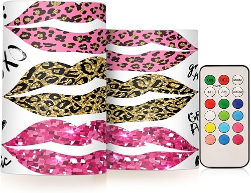 Velas sin llama, funciona con pilas, labios con purpurina, piel de leopardo, parpadeantes, con control remoto, purpurina dorada que cambia de color,