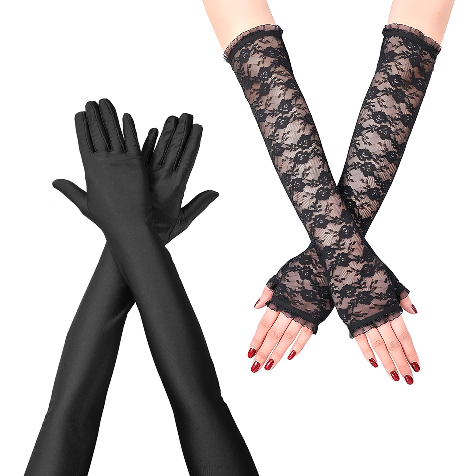 2 Pairs Black Long Lace Gloves Set, Fingerless & Elbow Length, Women's Stretchy Satin Gloves for Wedding, Prom, Opera Party (53cm)