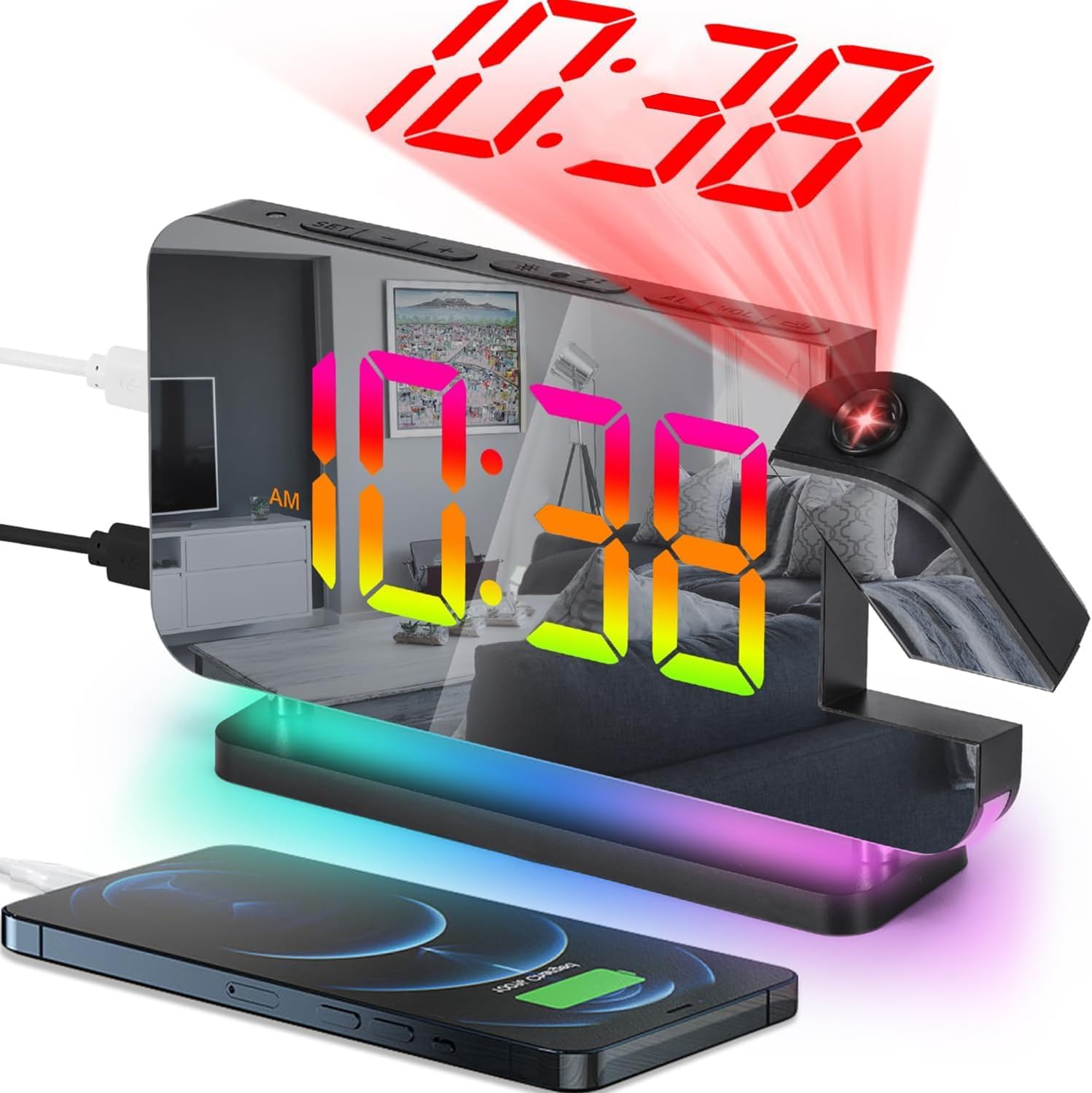 Projection Alarm Clock, 7.4 in Digital Mirror Clocks,with 180° Rotatable Projector, RGB Night Light,USB C Charger Port, Auto Dimmer, LED Desk Clock for Bedroom