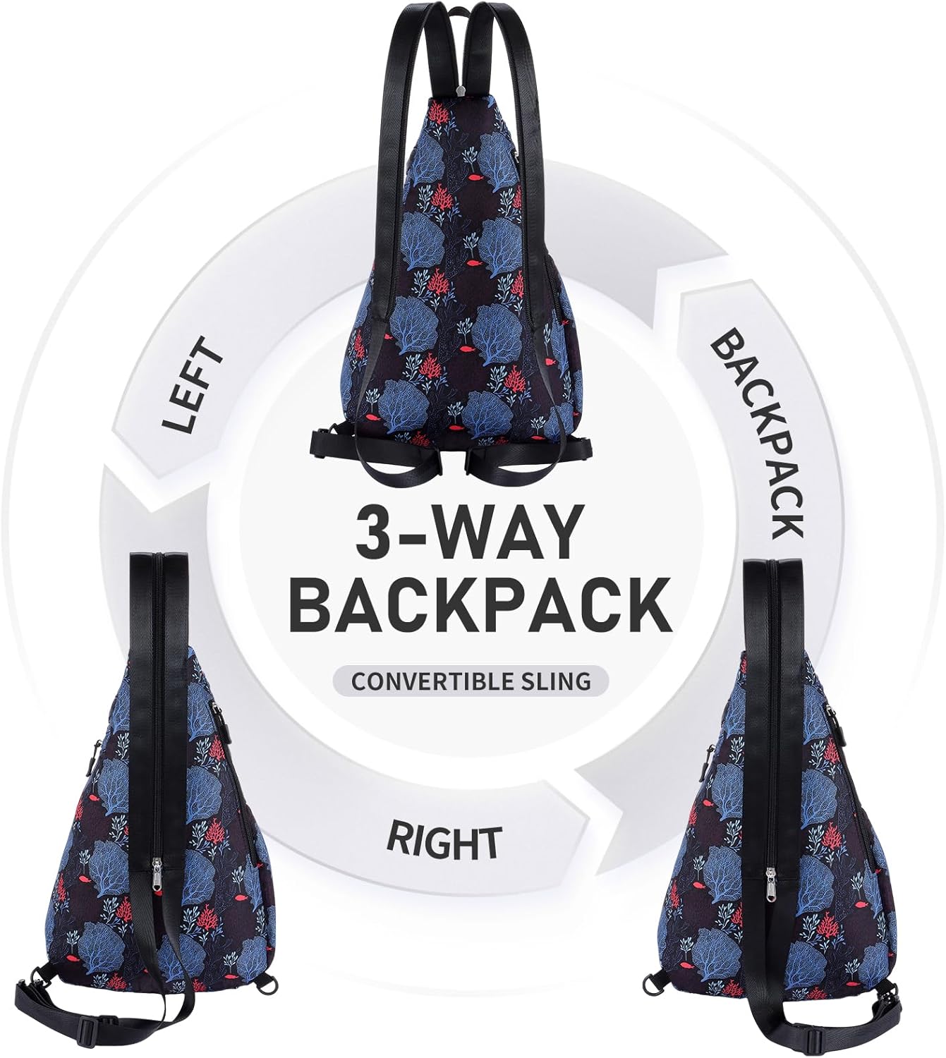 Women's Casual Daypack - Convertible Rope Sling Bag, Water-Resistant Chest Bag & Crossbody Backpack for Travel, Sport, Hiking, Coral Leaf
