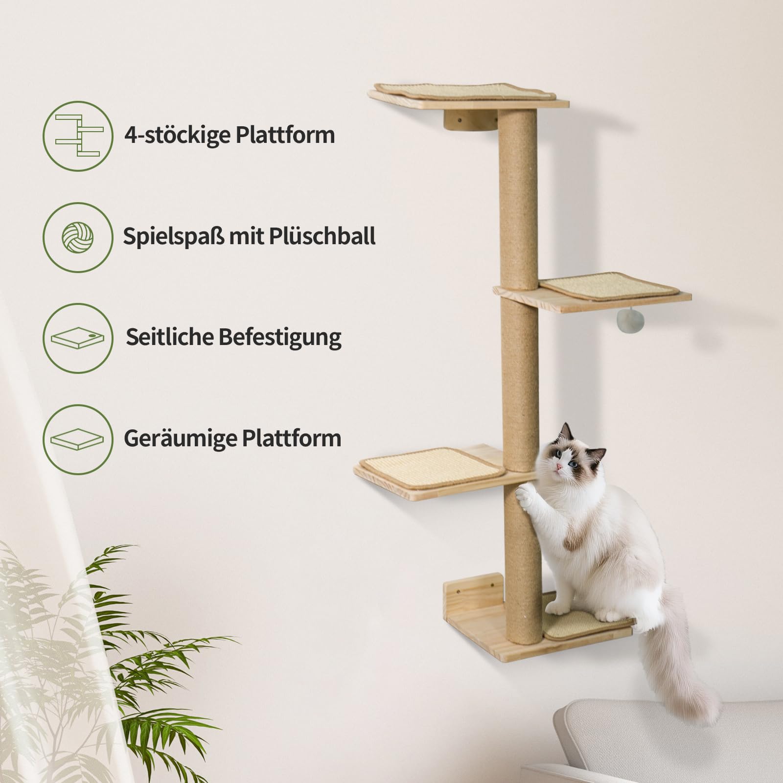 Youyijia 7-teiliges Wandmontage Katzenkletterwand Set aus Holz – Plattformen, Kratzsäulen, Liegeplatten, Wandregale – Kletterelemente für Katzen, Wand-Kletterwand
