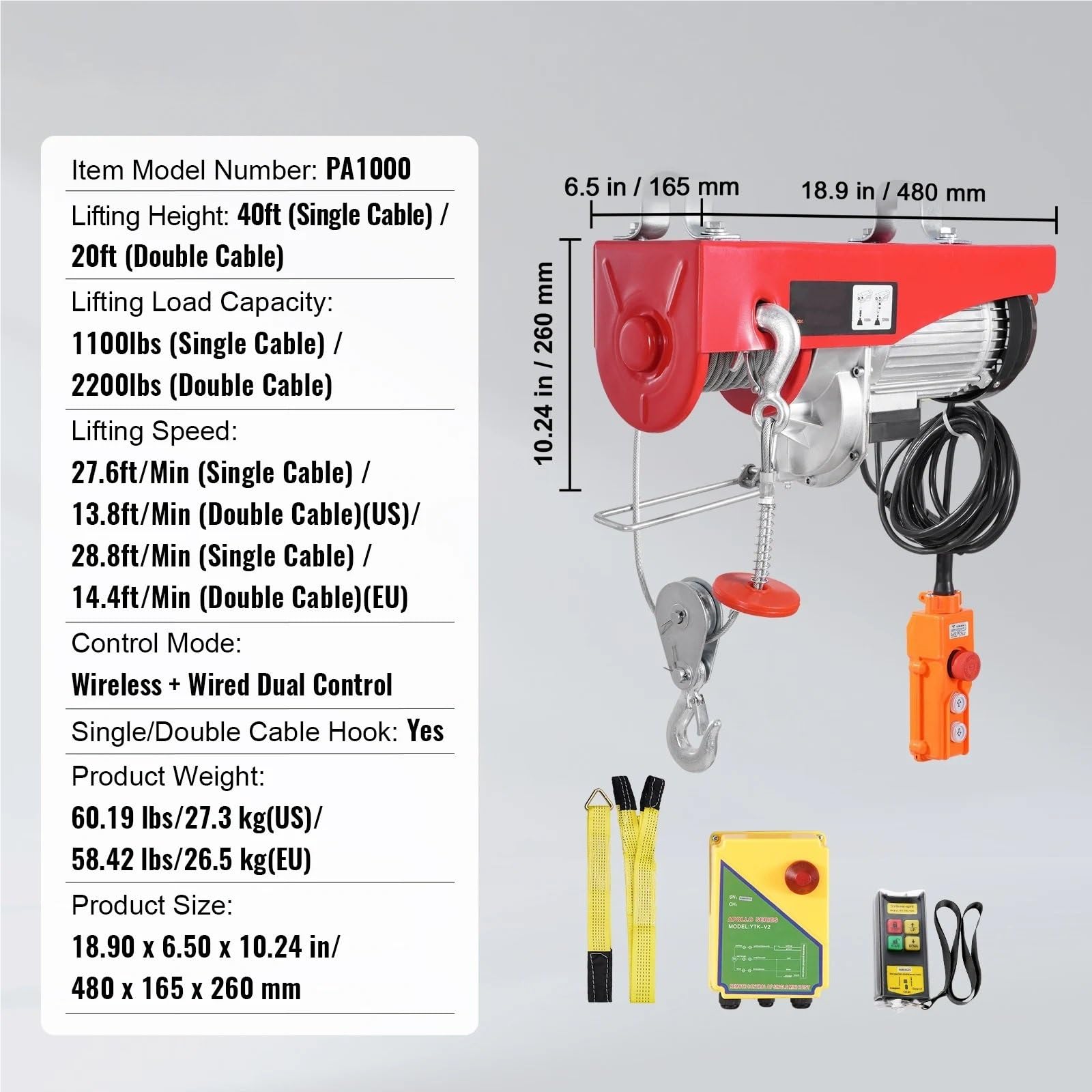 Argano elettrico Paranco elettrico da 2200 libbre con imbracature singole/doppie, gru di sollevamento con controllo wireless/cablato, verricello elettrico