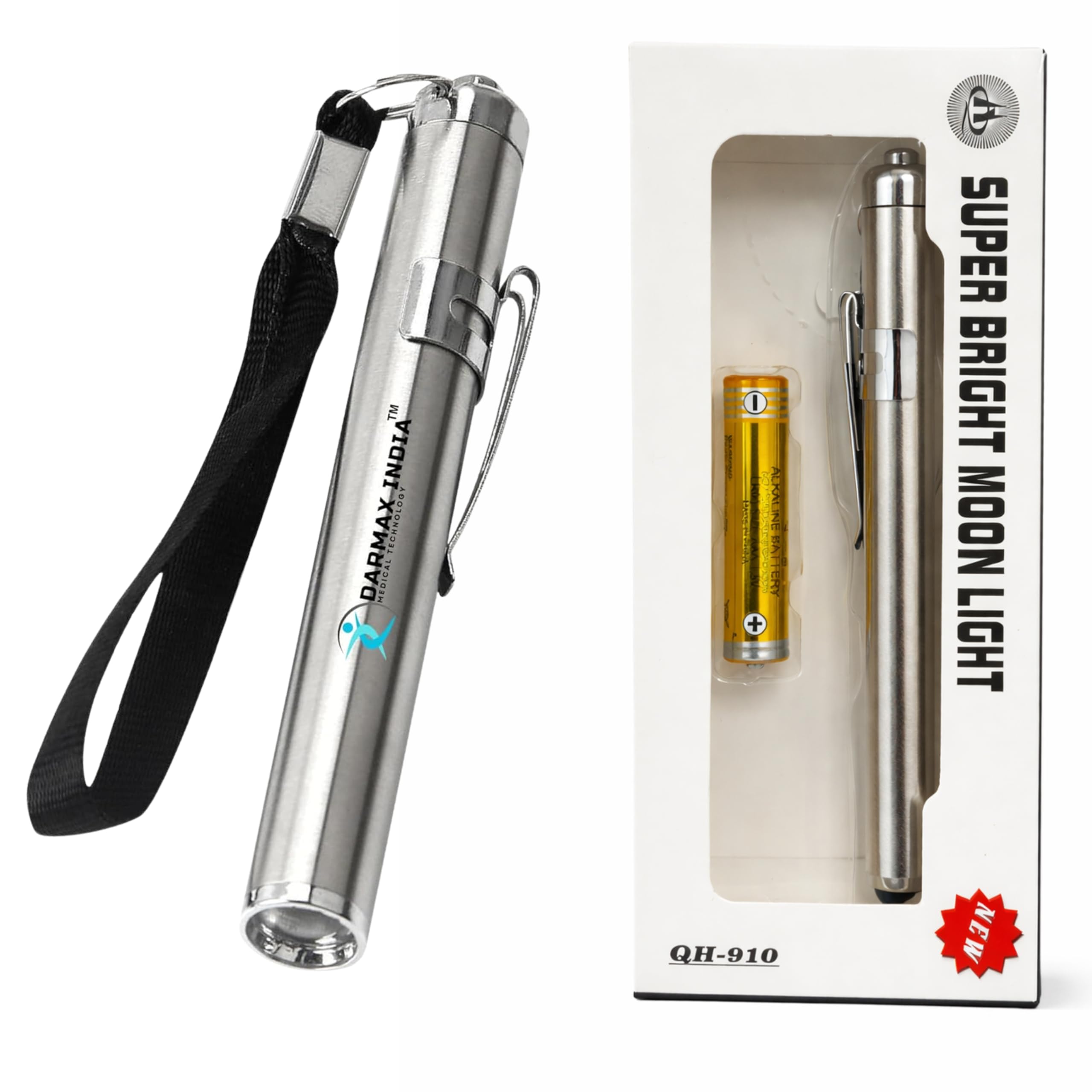 Darmax India Doctor Pen Torch – Bright LED Pocket Torch for Doctors, Nurses & Medical Students – Lightweight Moon Torch for Clinical Use (Silver)