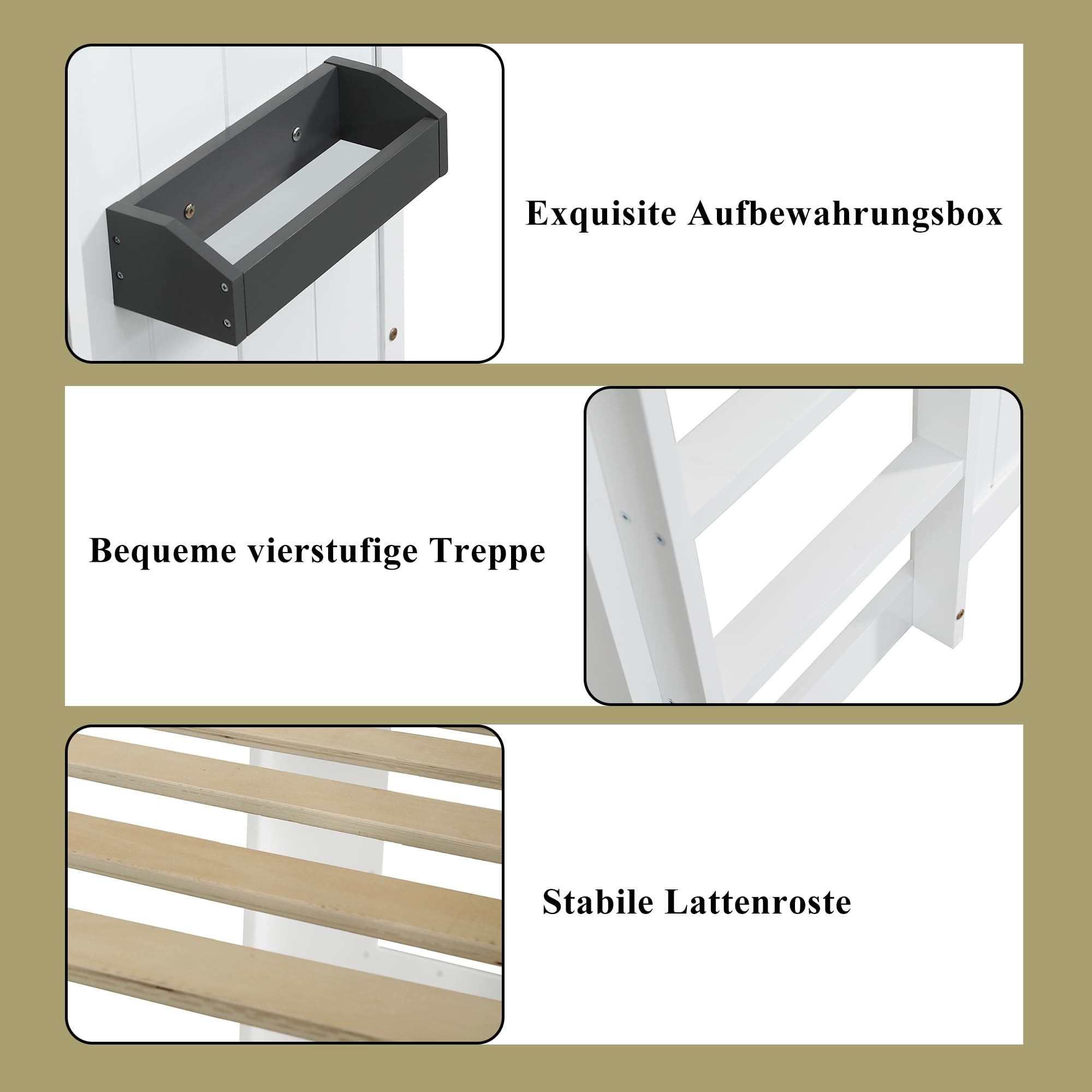 Letto a castello, letto a castello, con scala, con protezione anticaduta e griglia, culla con finestra, sotto-letto in pino+MDF, bianco, 90 x 200 cm