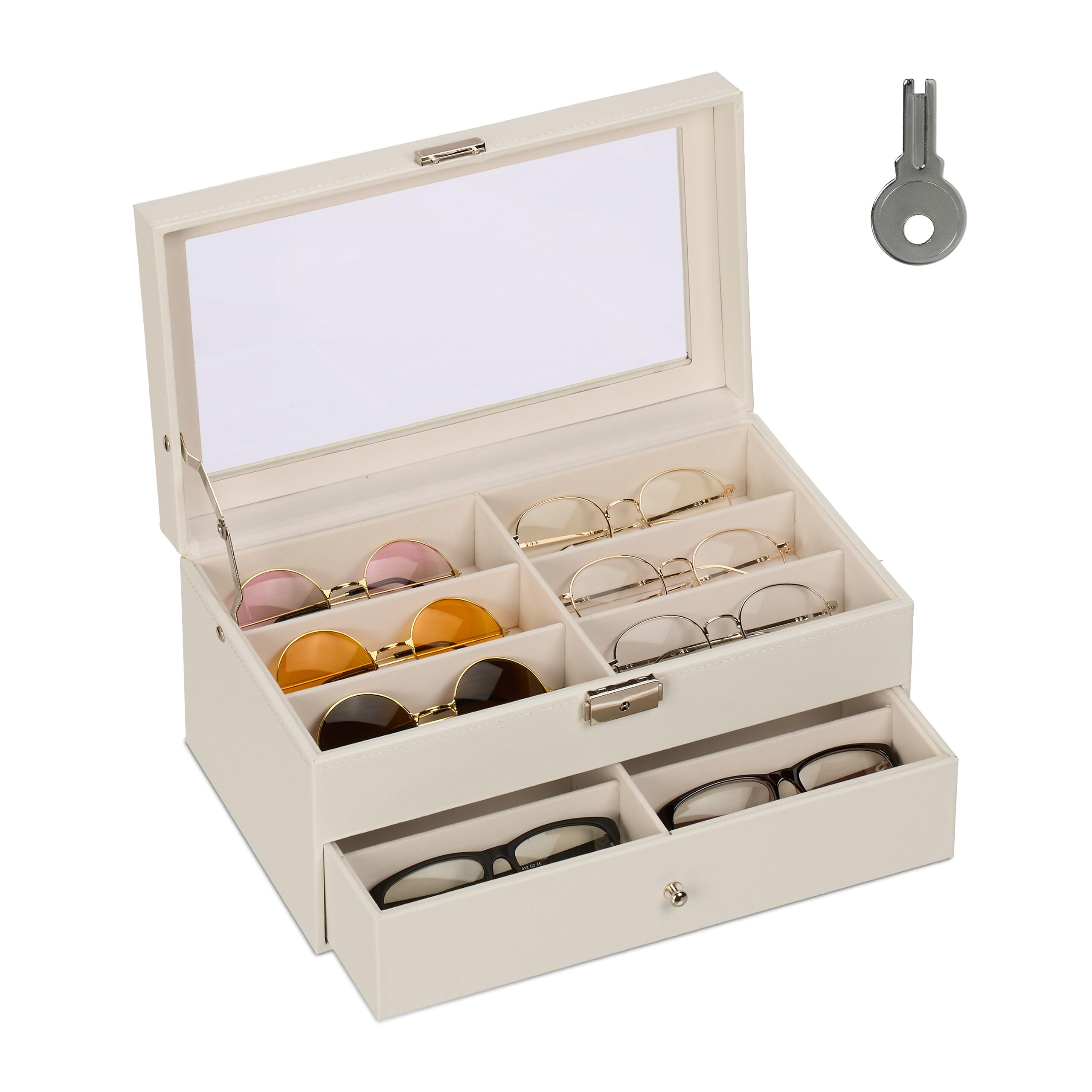 Relaxdays Glasses Box, 12 Pairs Case, Leather Look, Velvet Cover, Transparent Window, HWD 15.5 x 33.5 x 19.5 cm, White