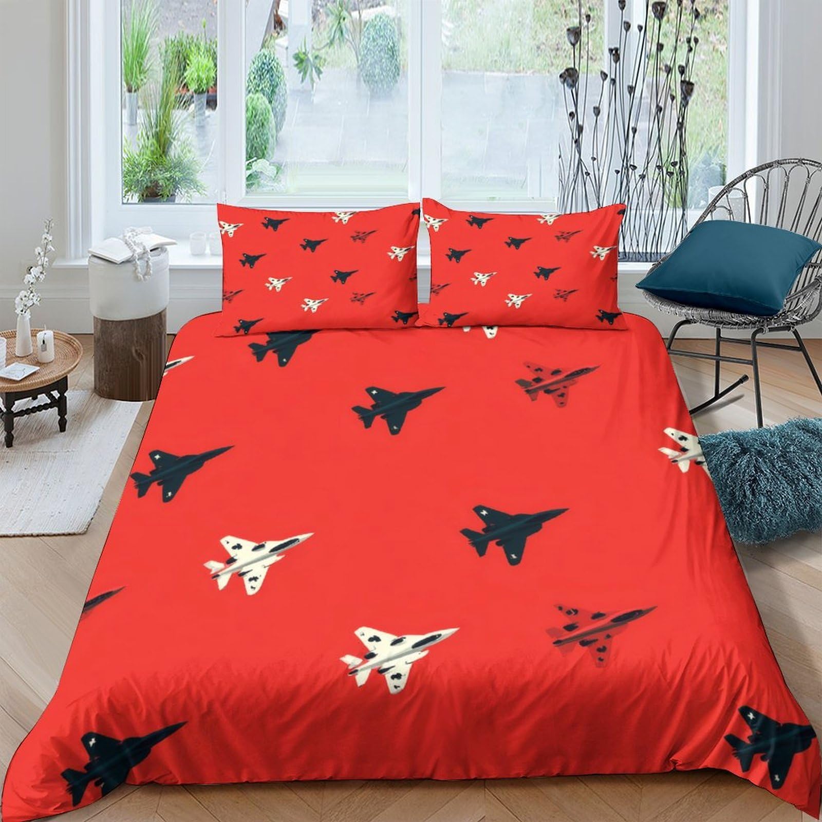 GPLZQXKJNH 3D Printed Fighter Jet Duvet Cover Set Microfiber Red Soft Breathable Aircraft Quilt Cover with 2 Pillowcases for Bedroom Decor Single（135x200cm）