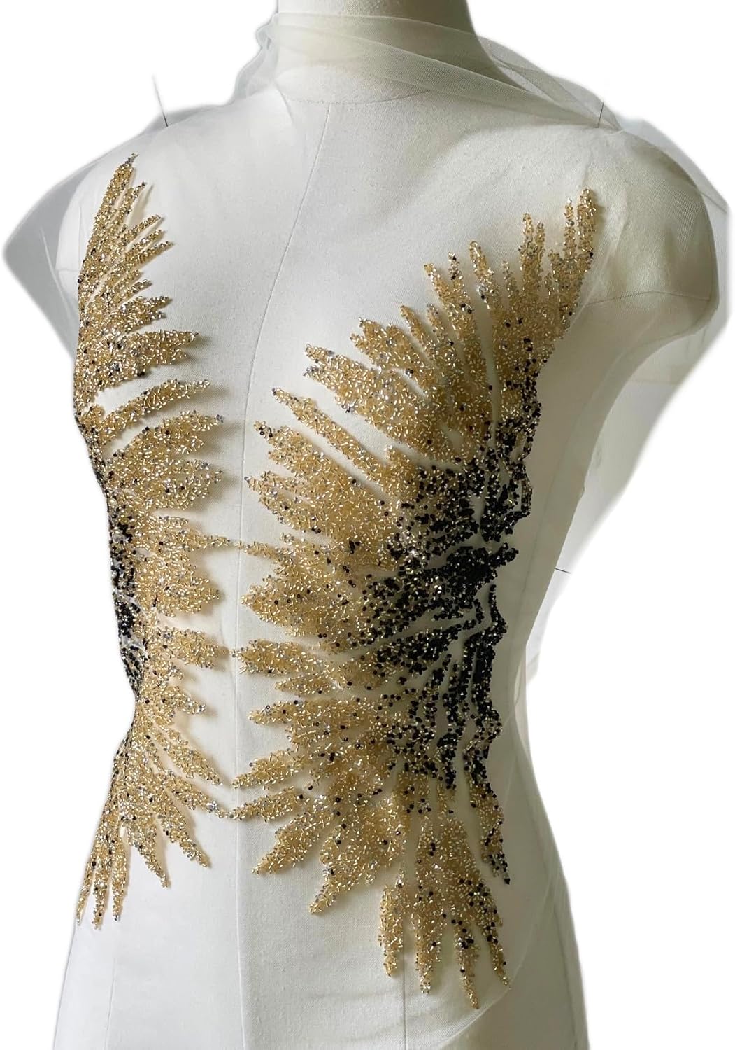 Iron on Beaded Fabric,Gold Beaded Applique for Dresses, Stage Costumes, Wedding Dresses DIY Trim Wing Patches (Style 5)