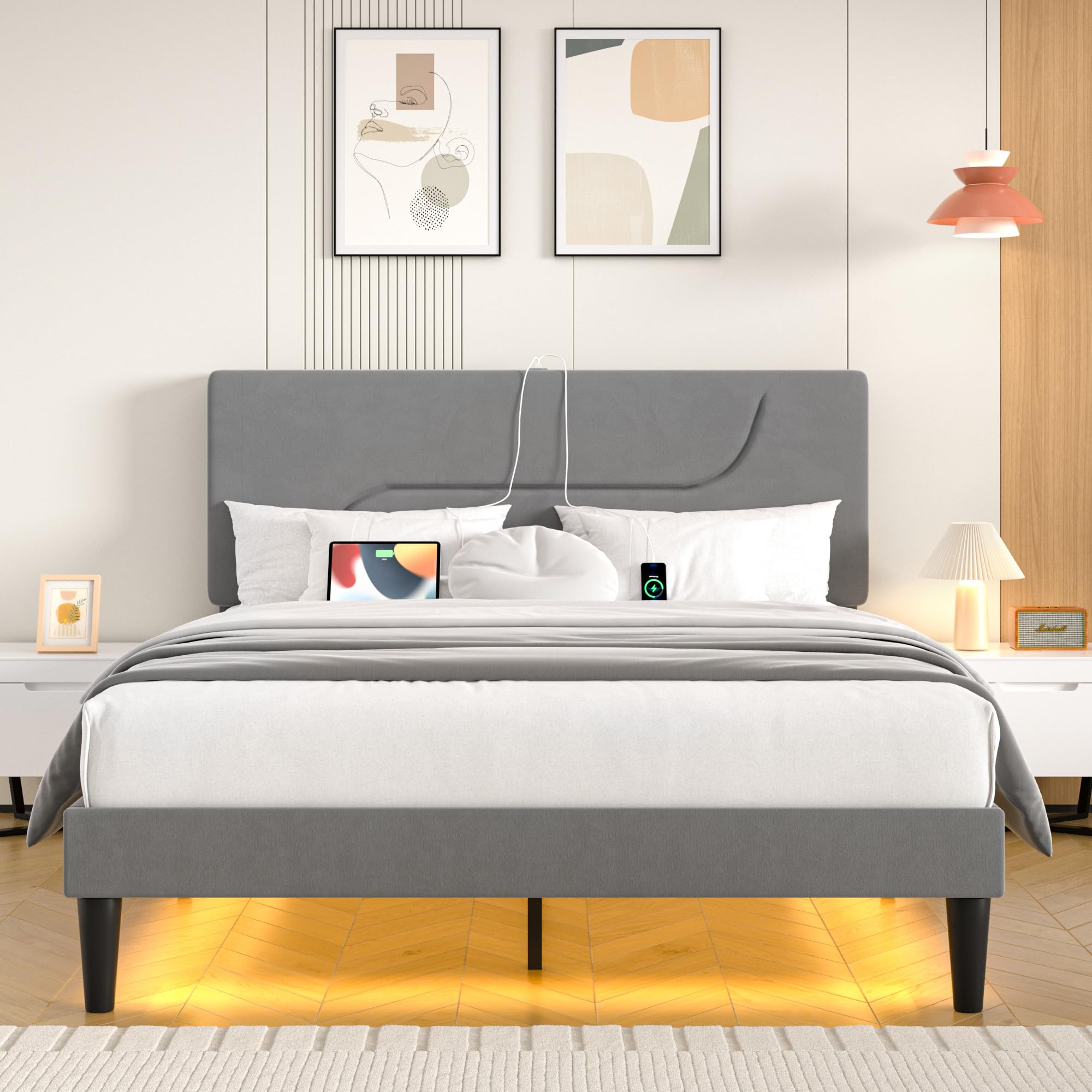 VECELO Queen Size Bed Frame with LED Lights, Upholstered Velvet Headboard with Charging Station, Metal and Wood Slats, No Box Spring Needed, Noise