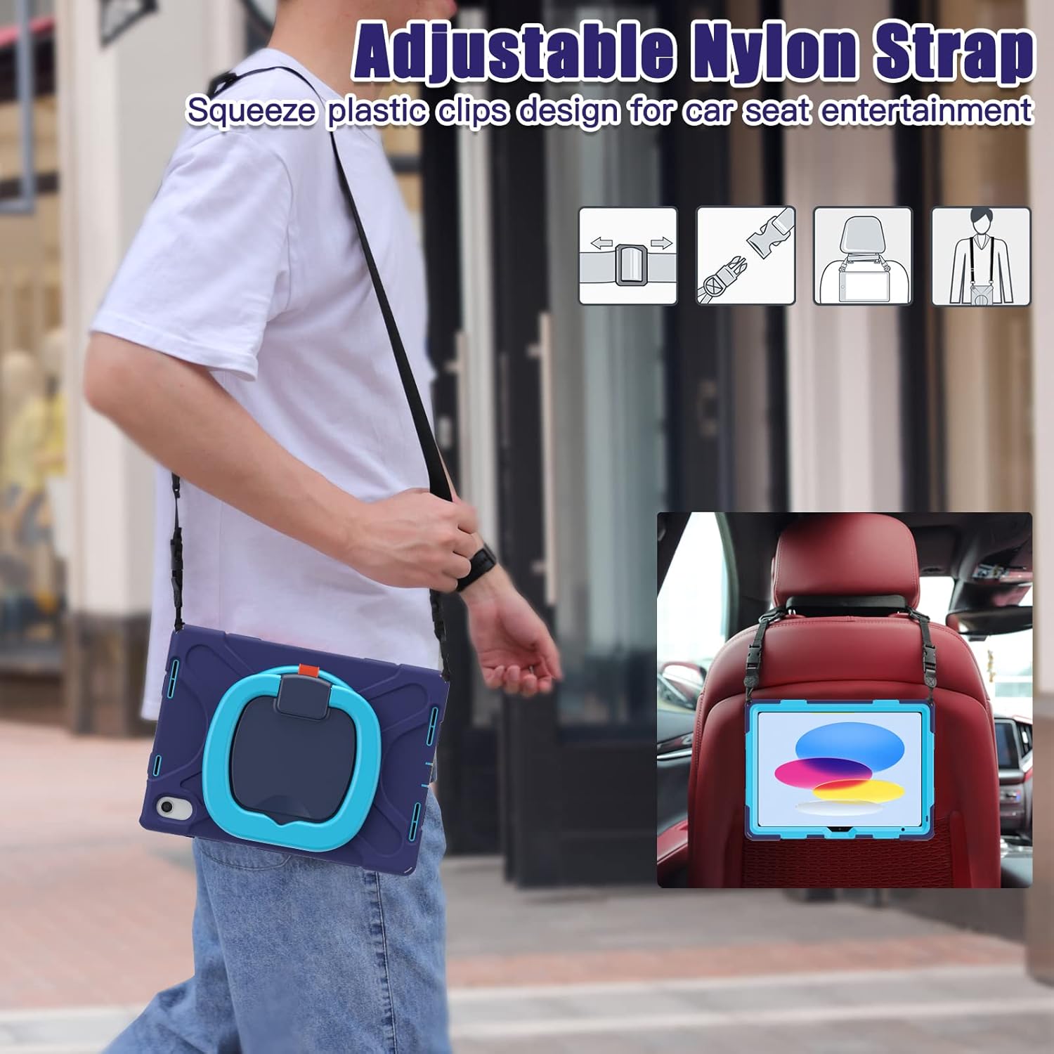 for iPad (A16) 11th/10th Generation Case 2025/2022 (11″/10.9″),Heavy Sturdy Shockproof Kids Case with Screen Protector,Rotating Stand/Pencil Holder/Shoulder Strap (Navy Blue+Blue) - Image 7