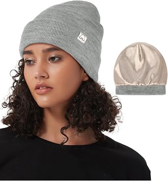 Hat Hut Satin Lined Beanie for Women Men Winter Hats for Women Silk Lining Slouchy Beanie Ski Hat Warm Unisex Cuffed Beanie