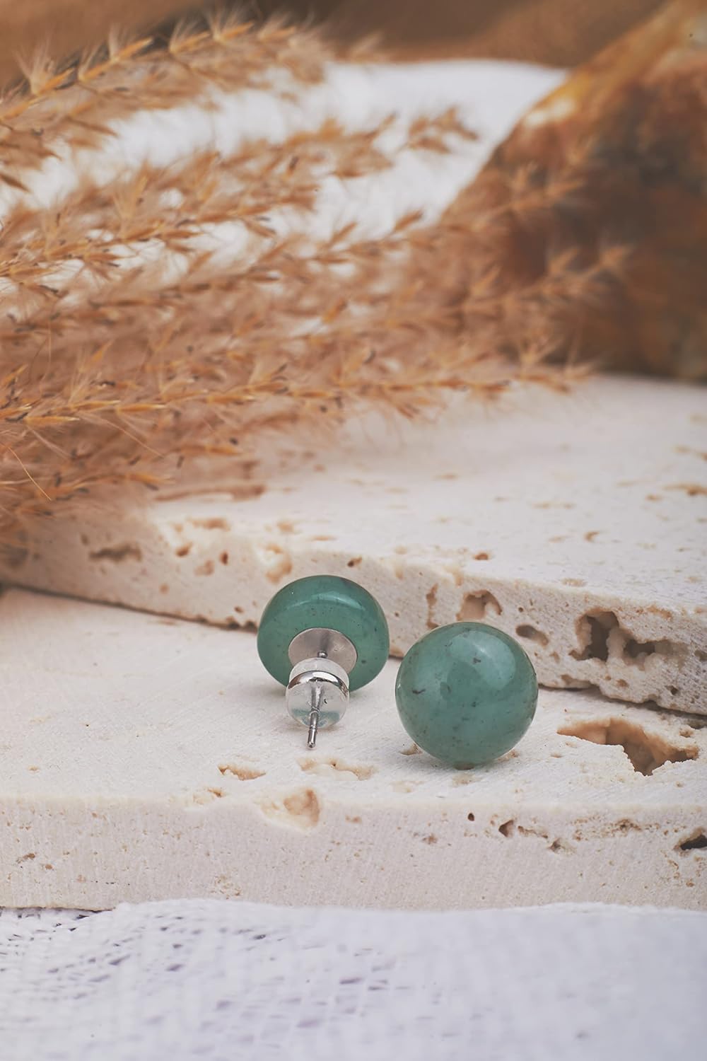 Gemstone Studs - Real Jade Jewelry for Women - Sage Light Green Stone Earrings - Hypoallergenic - Ball Earring Post 6mm, 8mm - Lapis Lazuli - Tiger Eye - Flat Back Large 12mm Earring - Handmade - Gifts for Anniversary - Graduation - Back to School - Teacher Appreciation - Mens Birthstone Birthday Gift