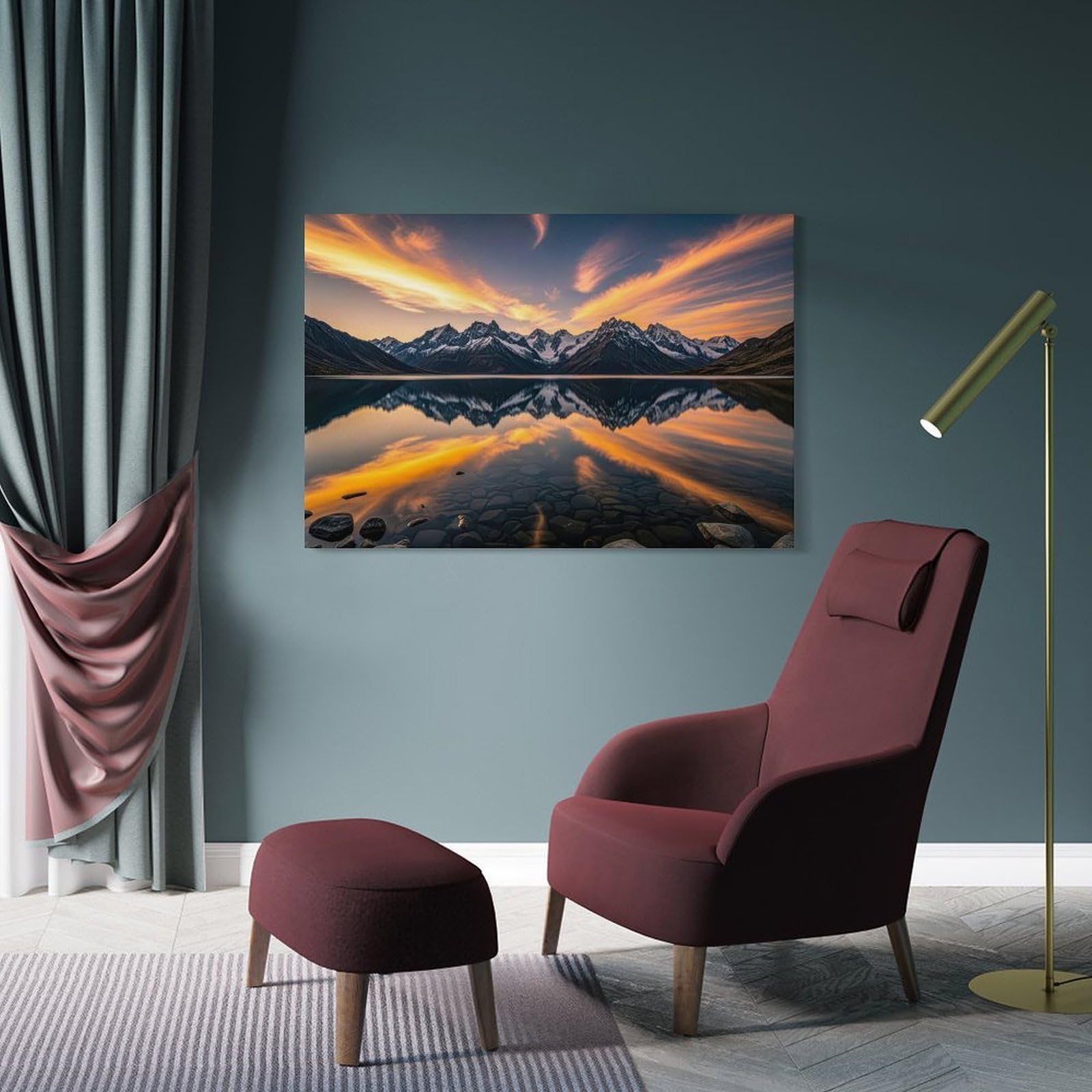 Junmoney Mountain Lake Reflection at Sunset Hanging Wall Art 20x30inch(50x75cm), for Bedroom Walls, Guest Spaces Or Lounges, An Easy Wall Refresh for Bedrooms