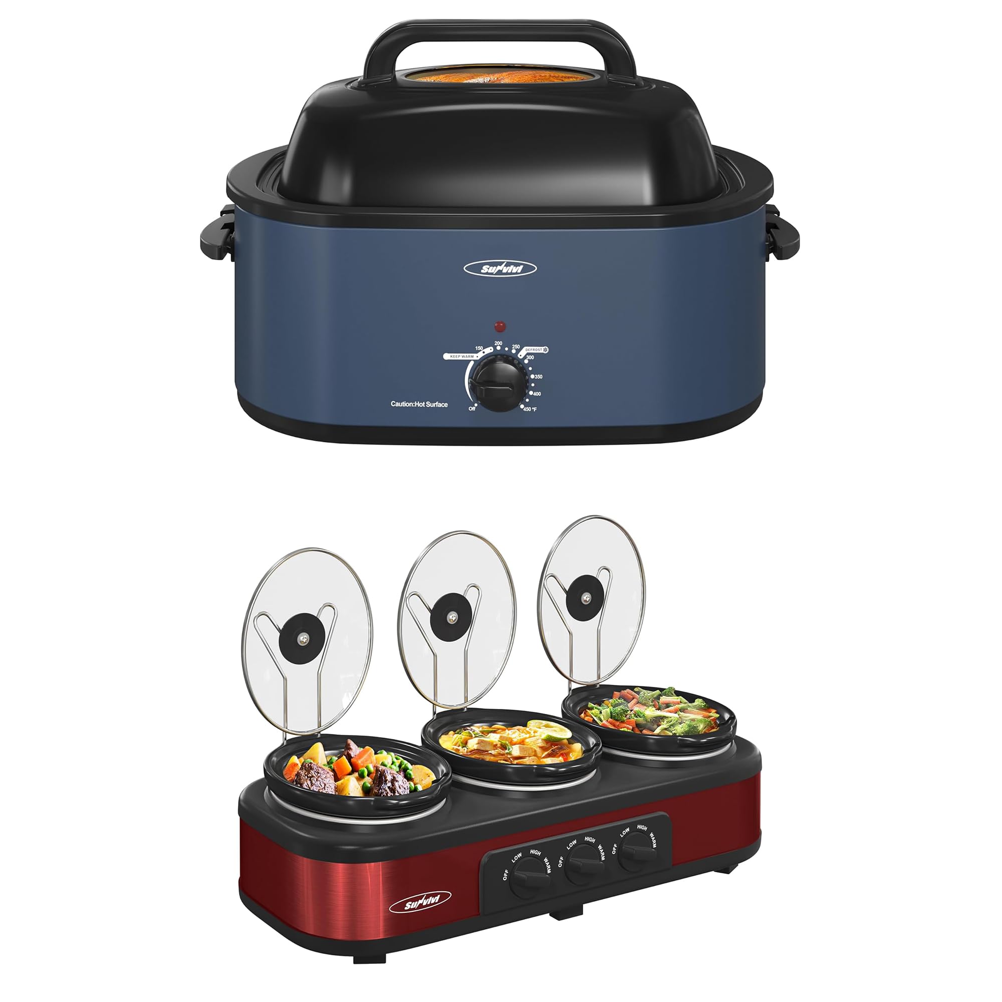 Sunvivi Roaster Oven and Triple Slow Cooker Buffet Servers and Warmer 24QT Turkey Roaster with Unique Defrost Warm