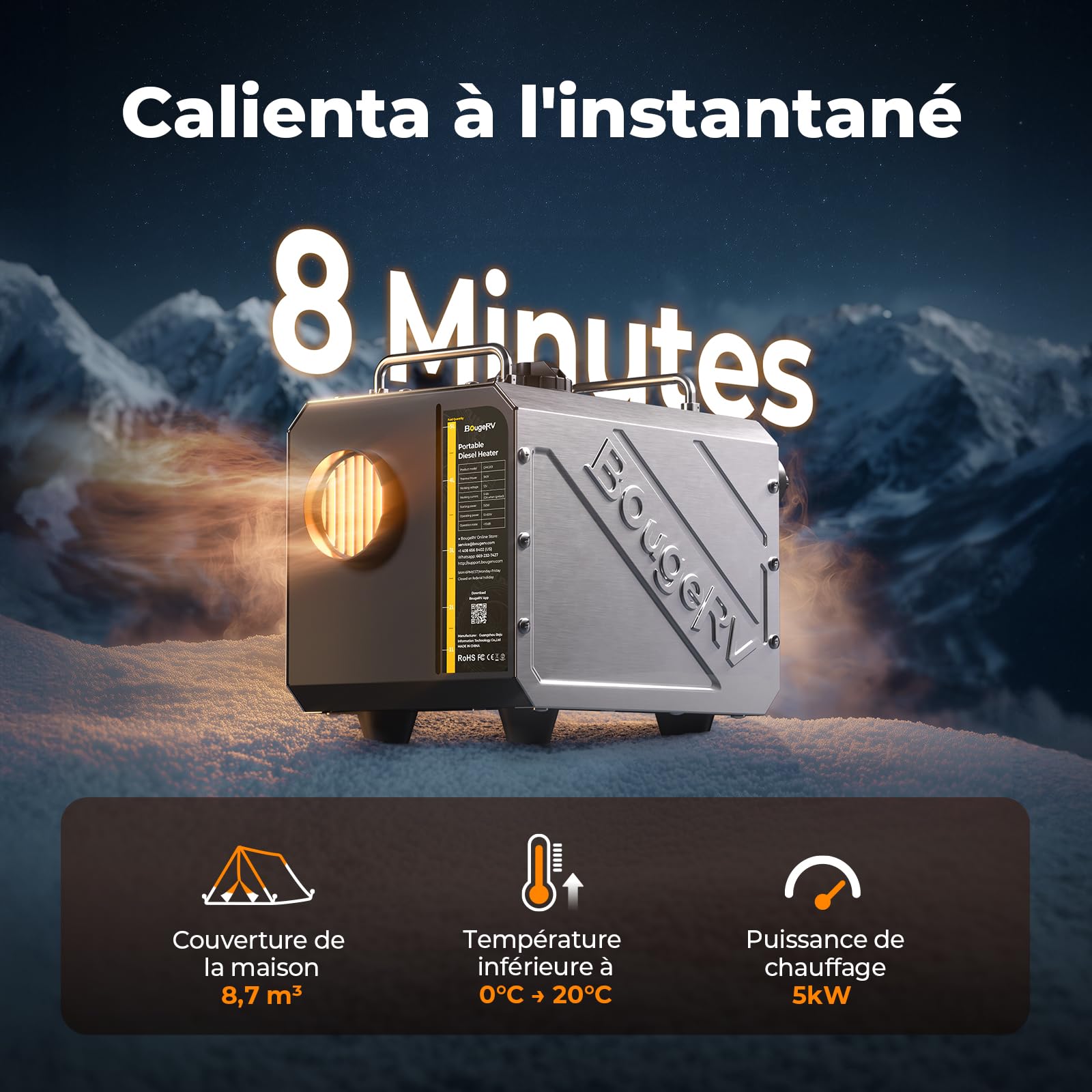 BougeRV Chauffage Diesel 5kW avec Minuteur Pompe Silencieuse Contrôle FB/App Écran LCD Chauffage Stationnaire 12/24V 220V Tout-en-Un Tuyau D'Échappement Vissable Protection Anti-Fuite