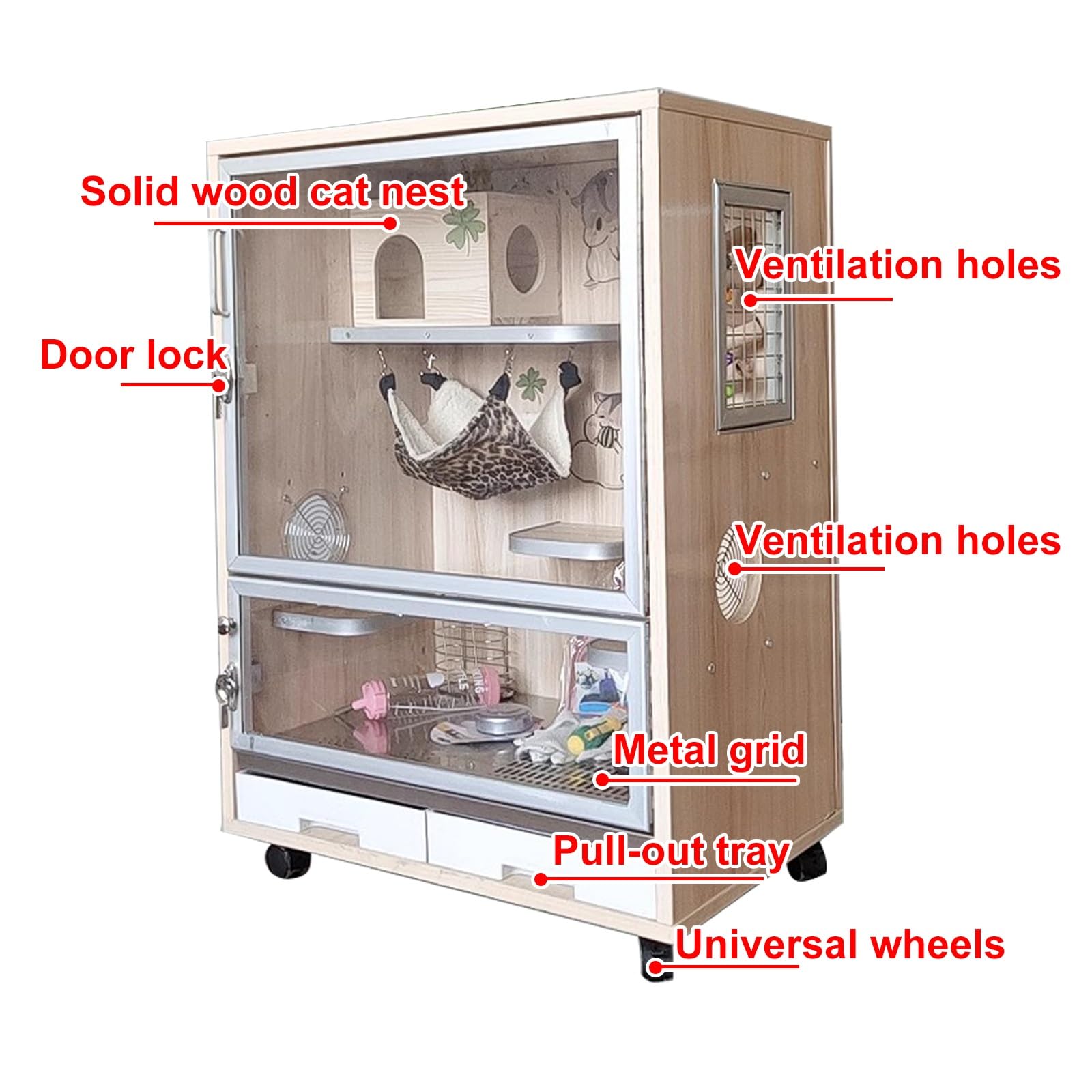 Jaula Grande para Chinchillas, Conejos, Hurones y Cobayas - Jaula de Madera con Puerta Transparente, Ruedas y Bandeja Extraíble