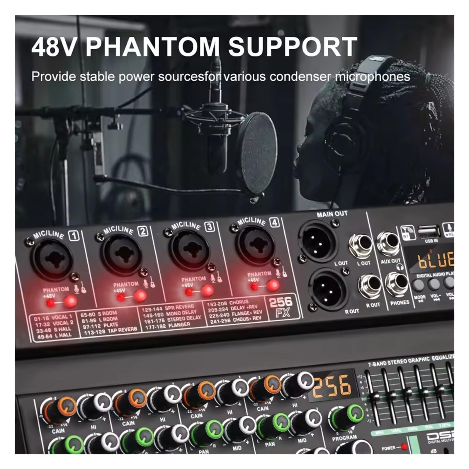 4-kanałowy mikser kontrolera DJ z 256 efektami DSP, interfejs audio USB, konsola miksująca Bluetooth 5.0 z zasilaniem fantomowym 48 V do nagrywania i transmisji na żywo