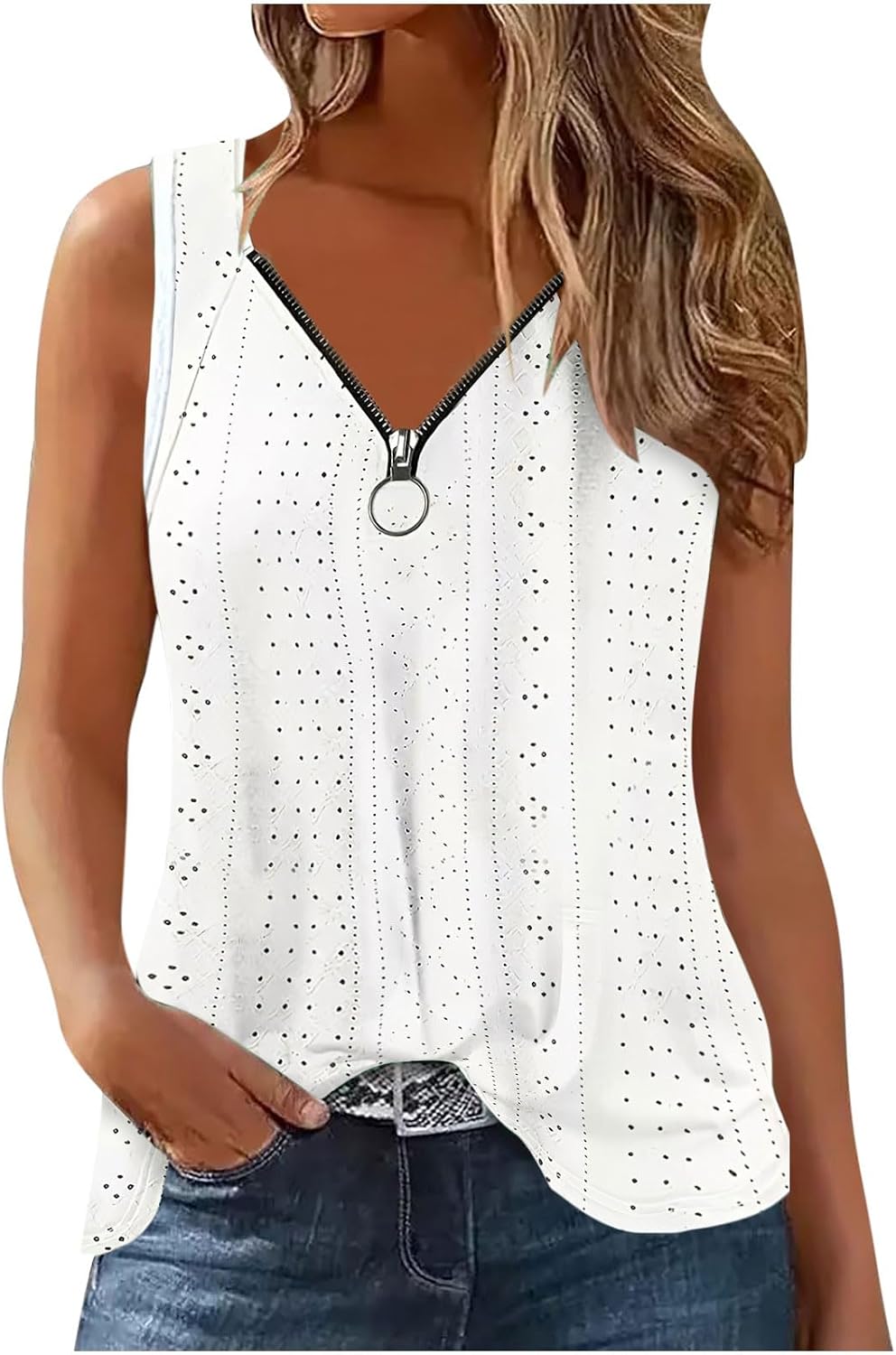 Womens Lace Tops Eyelet Embroidery Zipper V Neck Shirt Summer Sleeveless Tank Tops Women Casual Vacation Beach Outfits
