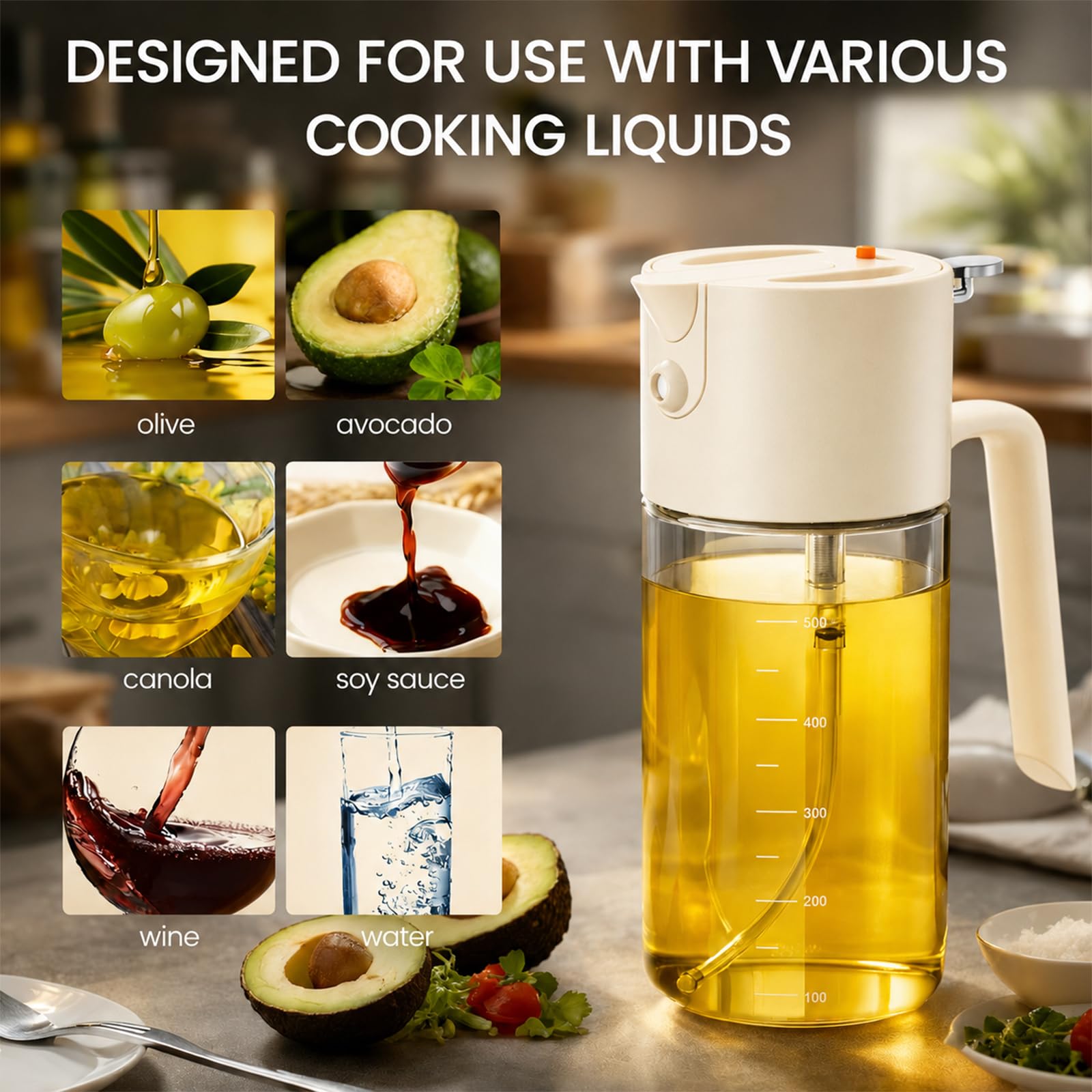 Pulverizador de aceite para cocinar, botella dispensadora de aceite de oliva 2 en 1 para cocinar, pulverizador de aceite de oliva de vidrio de 17 onzas, patentado, spray continuo con control de