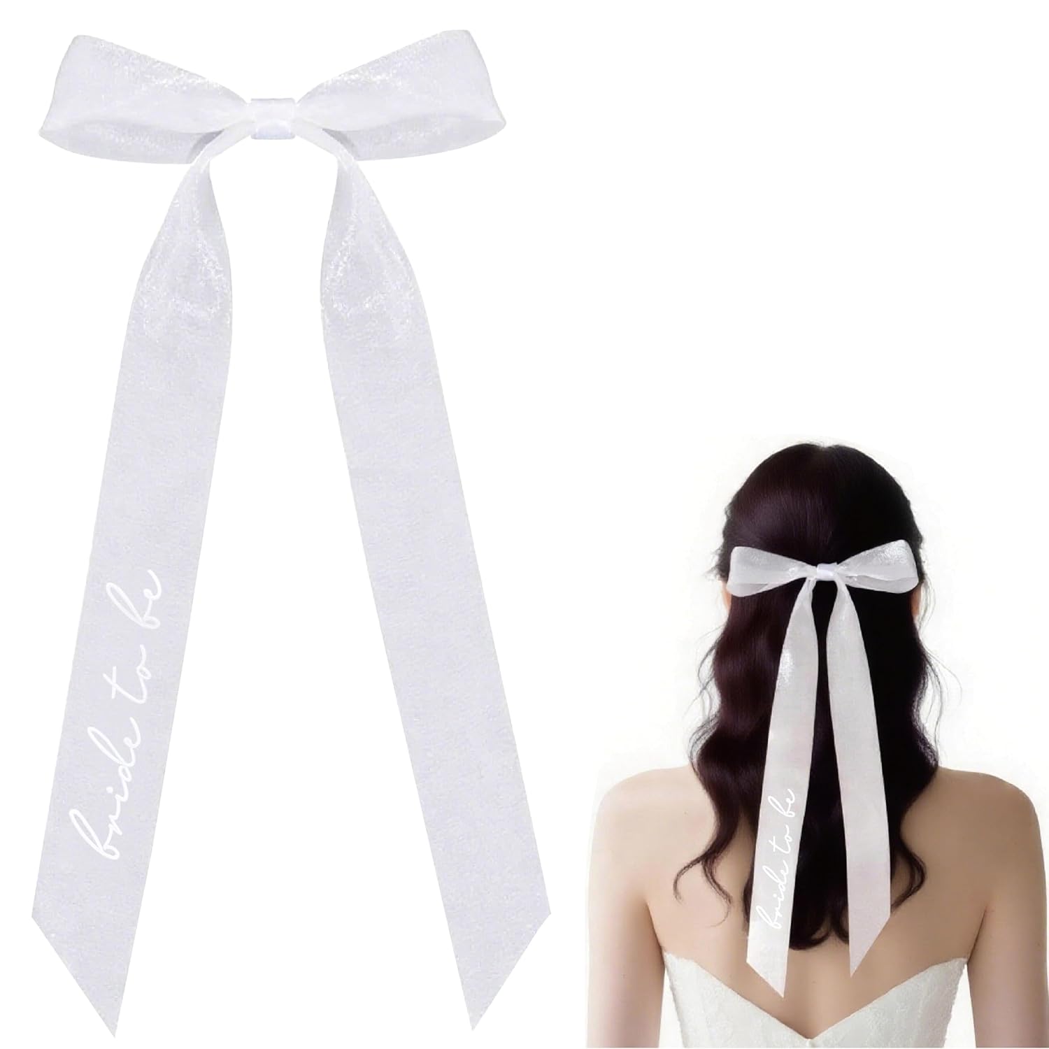 Bride Squad Bride to Be Embroidered White Hair Bow, White Organza Bride Bow Clip Accessories, Bachelorette Party Hairpiece for Bridesmaid Favors, Wedding Gift, Engagement Accessory