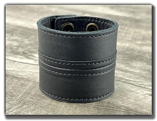 Anthology Gear Stylish Leather Cuff Bracelet Full Grain Wide Wristband For Men And Women (Unisex) Adjustable To 6" Or 7 1/4" (Carbon Black, Small/Medium) #TOP2