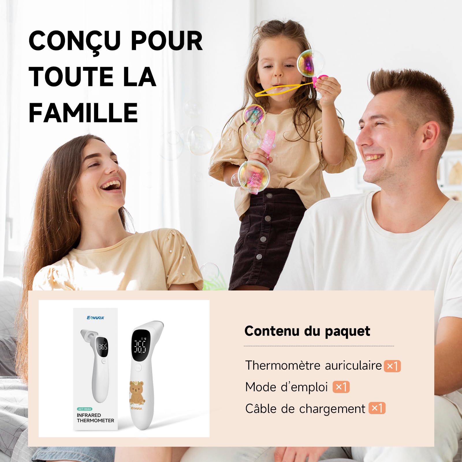 Motif unique dessiné à la main | Thermomètre numérique sans contact et auriculaire – Convient aux adultes et aux bébés, avec fonction mémoire (Teddy)