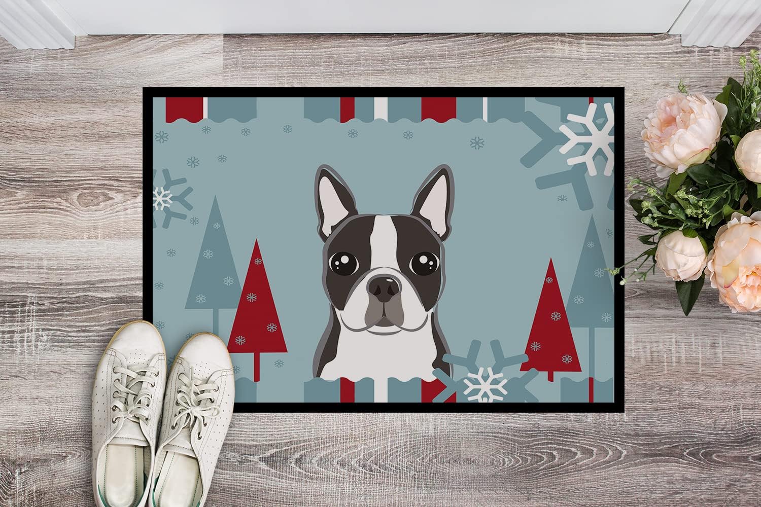 Caroline's Treasures BB1699JMAT Winter Holiday Boston Terrier Doormat 24x36 Front Door Mat Indoor Outdoor Rugs for Entryway, Non Slip Washable Low Pile, 24H X 36W
