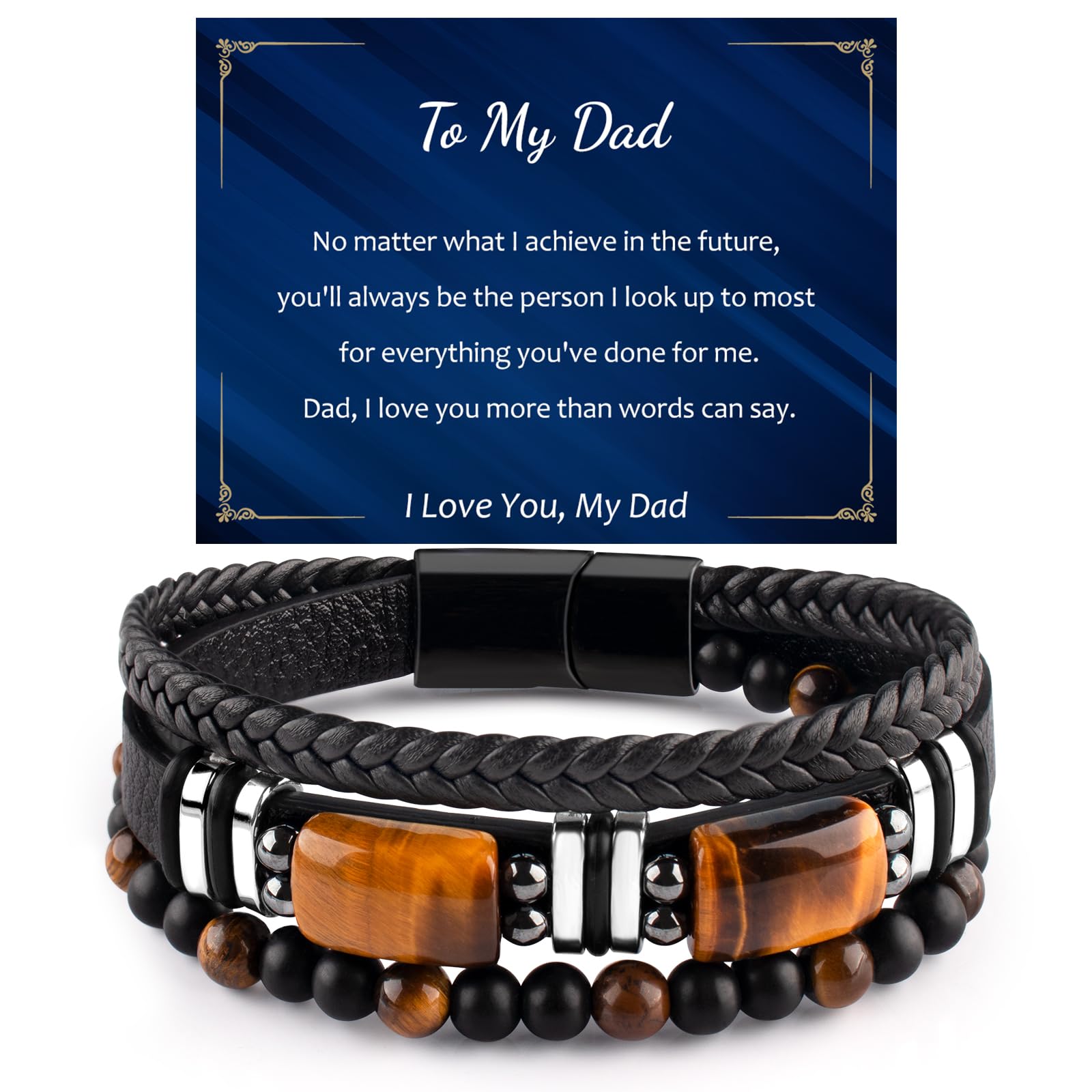 ZZLTAWS Mens Leather Tiger Eye Bracelet Natural Crystal Stone Beads Jewelry Triple Protection Bracelet for Father's Day Valentine'S Day Birthday