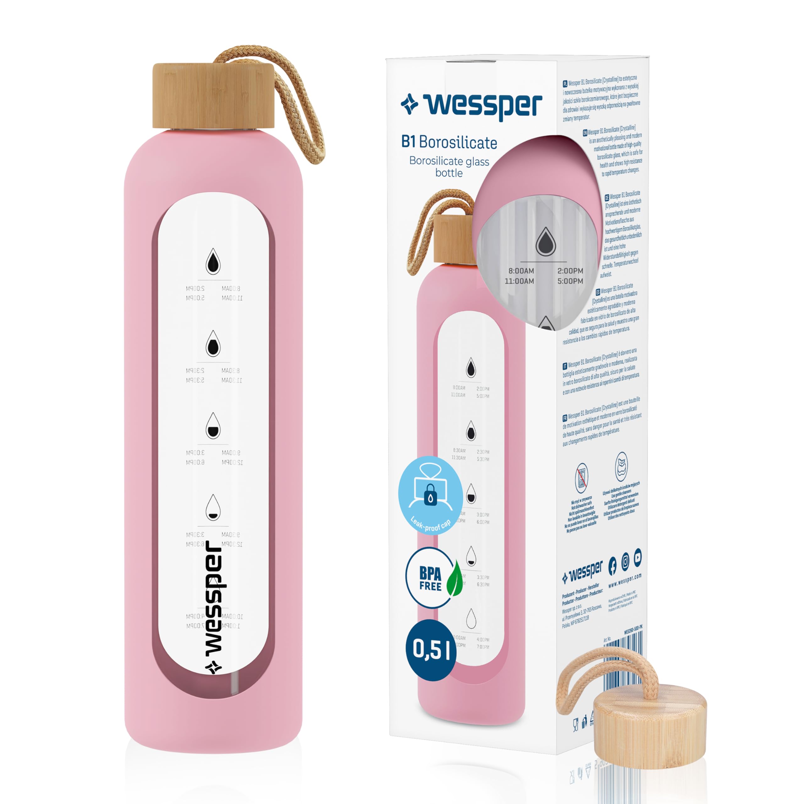 Wessper Glass Water Bottle with Time Marking, Leak-Proof Borosilicate Glass Drinking Bottle, BPA-Free, Motivational Glass Bottle with Silicone Case, 500 ml, Pink