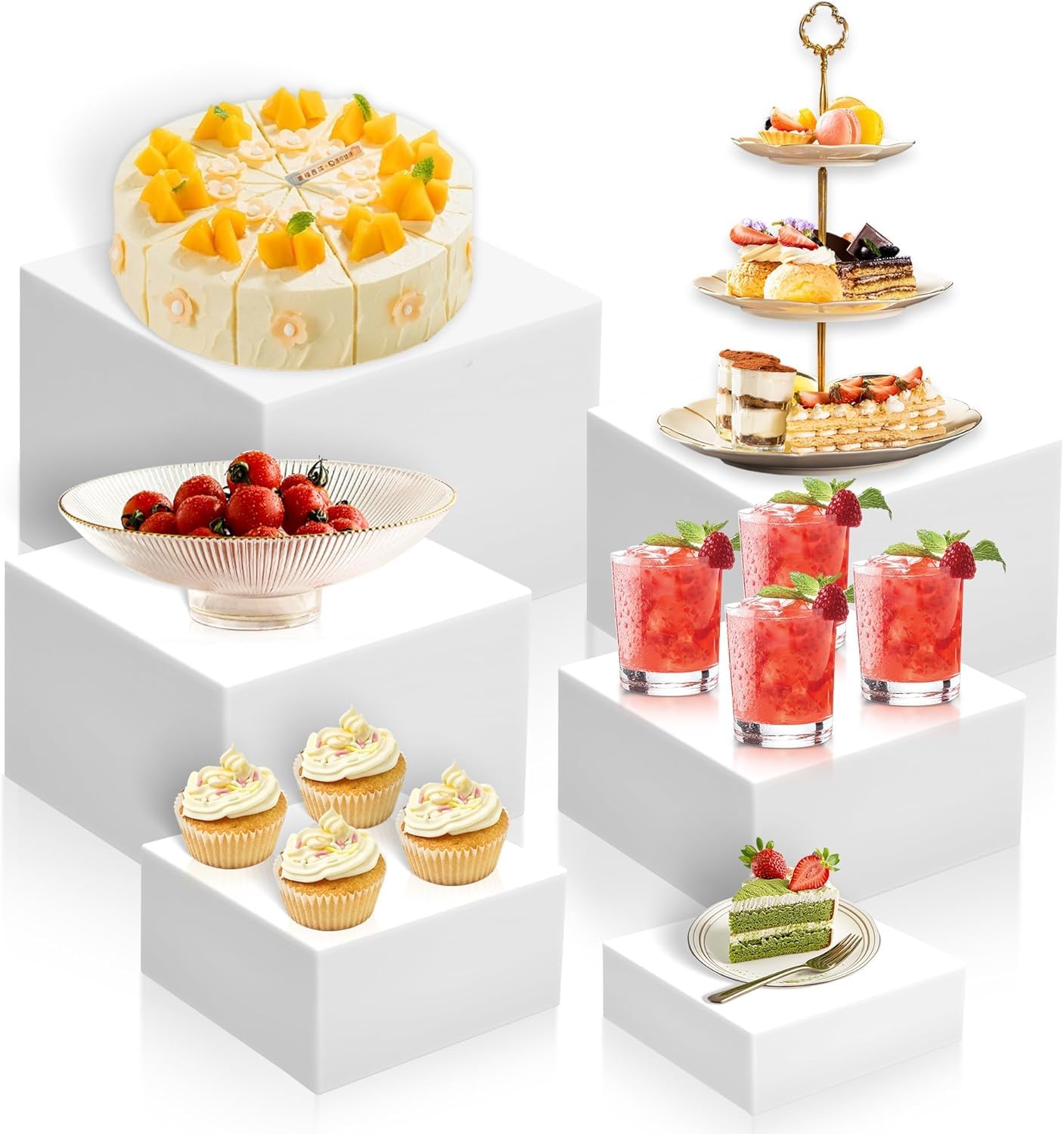 Lotusland Buffet Risers Set of 6 – White Acrylic Food Display Stands in 3", 4", 5", 6", 7", 8" – Multi-Size Dessert Table Risers for Buffet, Catering, Weddings, Parties, Cakes, Cupcakes & Appetizers