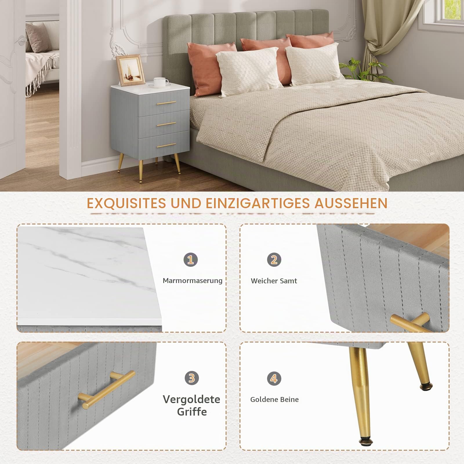 WOLTU Nachttisch Nachtschrank für Boxspringbett, 3 Schubladen aus Massivholz, Kommode mit Schubladen Sideboard, einfache Montage, Höhe Tragfähigkeit, 40,5x41x60cm, Grau TS135gr