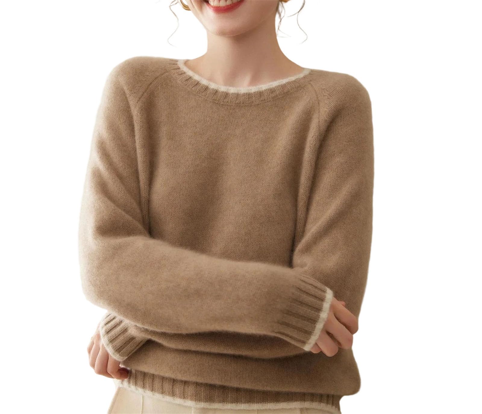 Womens Shoulder Insert Color Block Knitted Sweater Round Neck Long Sleeve Pullover Casual Soft Wool Inner Top