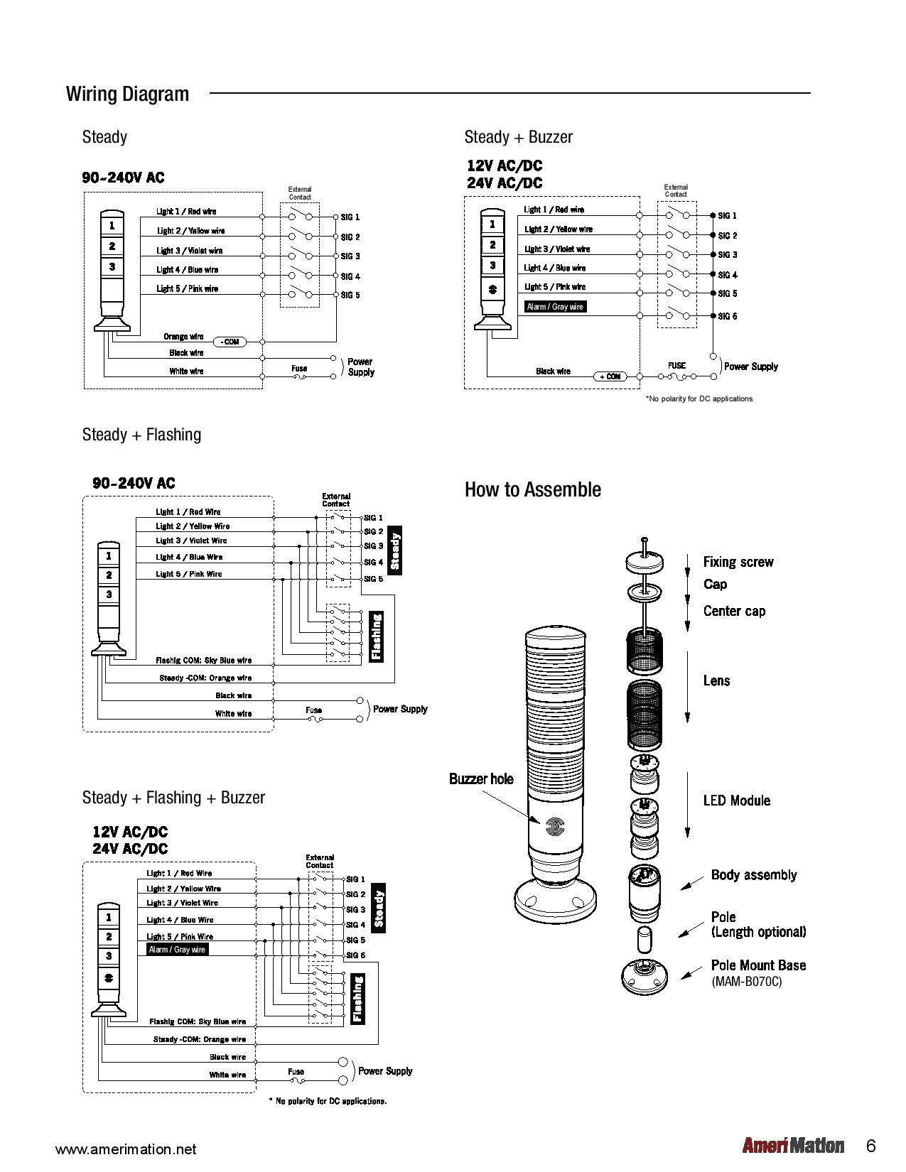 PME-501-RYGBC, Tower Light, 45mm LED 5 Stack, Steady, 12VAC/VDC, Yellow, Green, Blue, Clear Lens