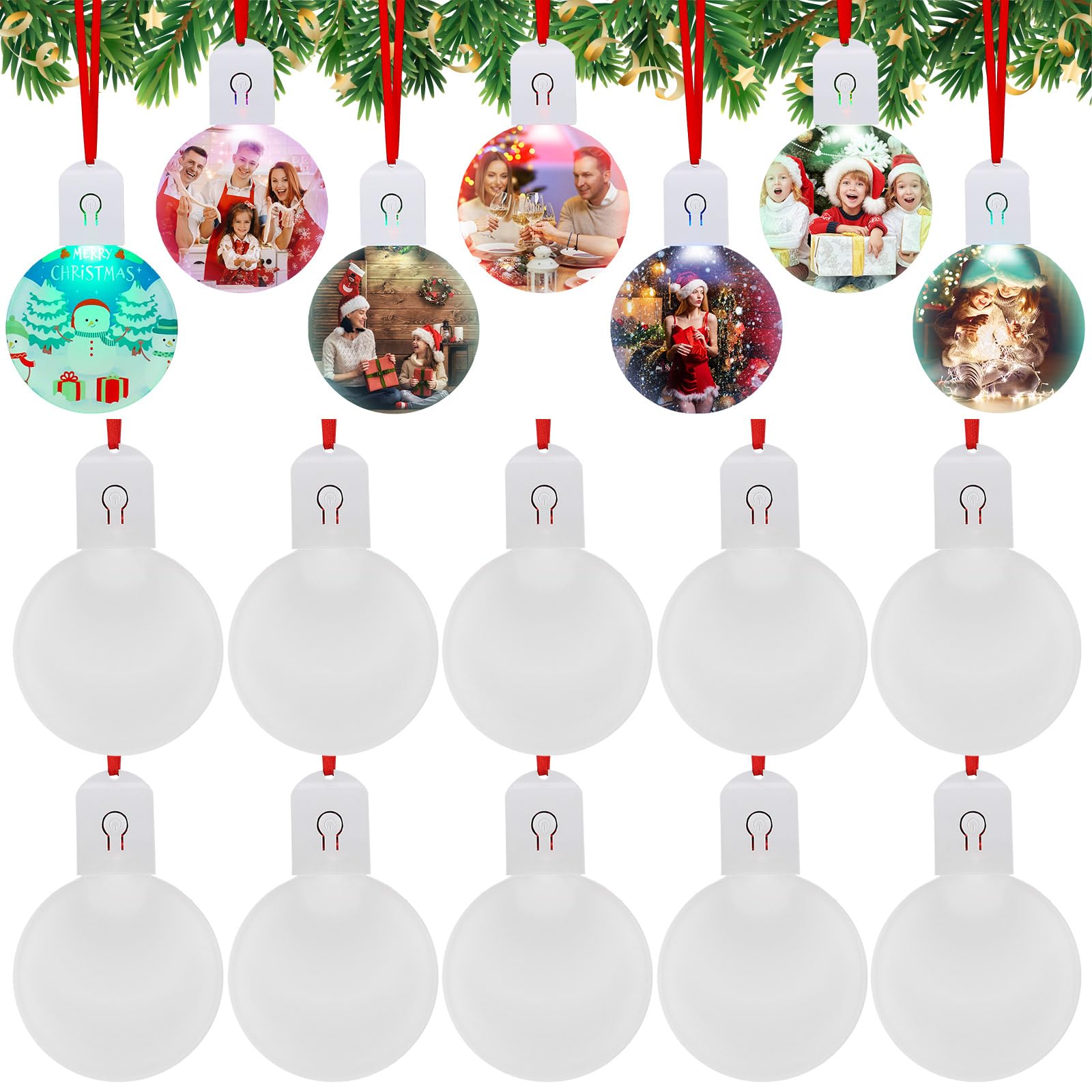 Halloscume Lot de 10 pendentifs ronds en acrylique avec lumière LED pour sapin de Noël, loisirs créatifs, décorations de fête de Noël