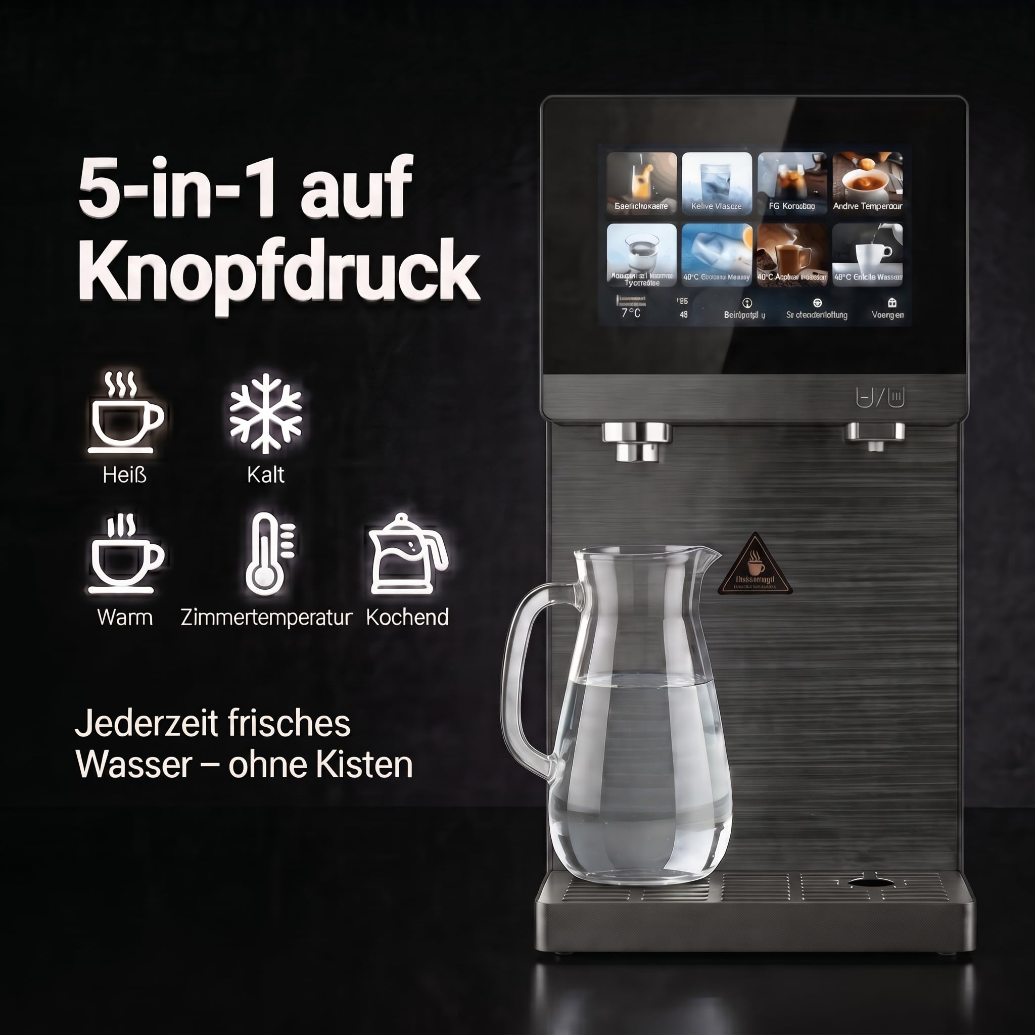 PRO Touch – dozownik wody premium z odwróconą osmozą i CO③ | 5 w 1: Bańka, ciepła, zimna woda, dezynfekcja UV, ekran dotykowy, stałe przyłącze wody i zbiornik (SPRUDELUX PRO Touch)