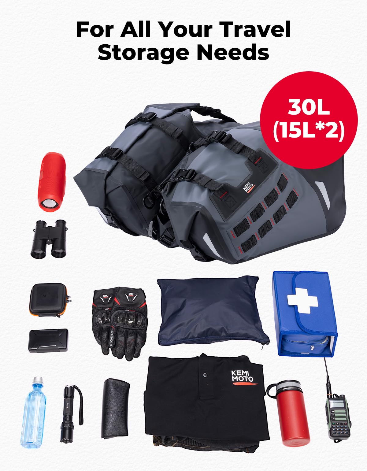 KEMIMOTO IPX6 wasserdichte Motorradsatteltaschen, PVC Weiche Packtaschen, Seitentaschen Hecktasche 30L (15L x 2) für Motorrad Enduro Dual-Sport-Bike Abenteuer-Reisegepäck Racklose Satteltaschen