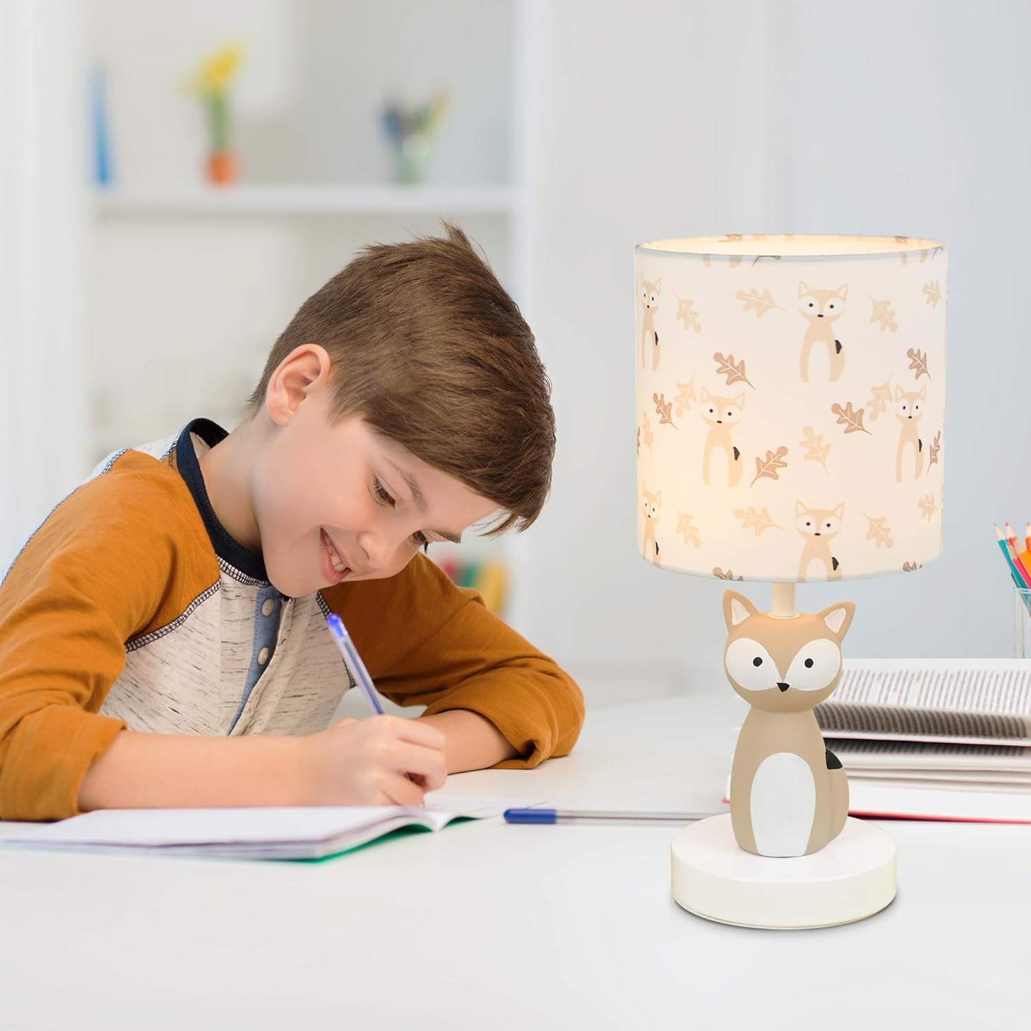 Lampwell Fox LED Table Lamp with USB Port DC5V,Light Brown Kids Table Lamp,Night Light for Kids Room,Nursery,Bedroom,Kitchen Counter,Gameroom,Φ5.91×H12.88IN,Hand-Made