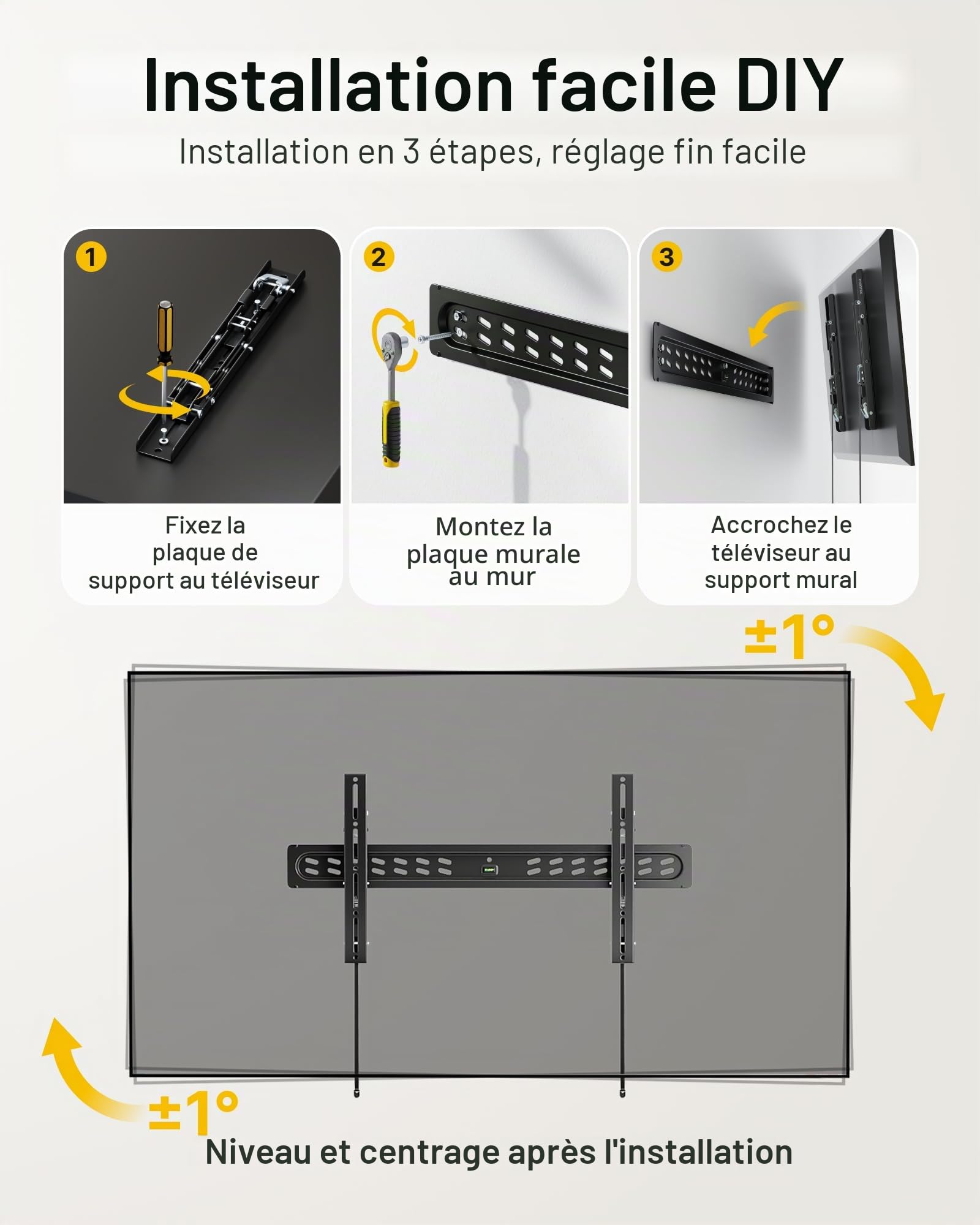 monTEK Support Mural TV 43-95 Pouces, Support TV Mince jusqu'à 68kg | Support Mural TV Robuste avec Niveau à Bulle et Gestion des Câbles, Installation sur Béton ou Montants Bois, Max VESA 800x400