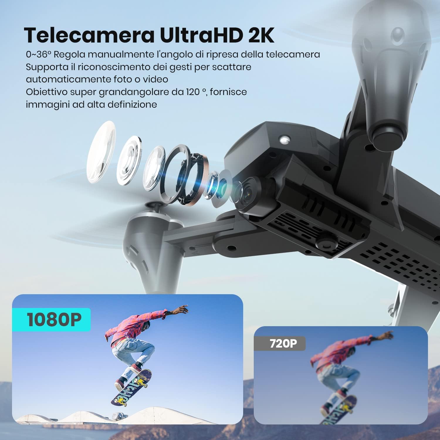 DEERC D10 Drone Pieghevole con Fotocamera per Adulti 2K HD FPV Live Video, Tap Fly, Controllo Gesto, Selfie, Altitudine Hold, Modalità Headless, Quadcopter RC per Principianti con 2 Batterie - Immagine 2