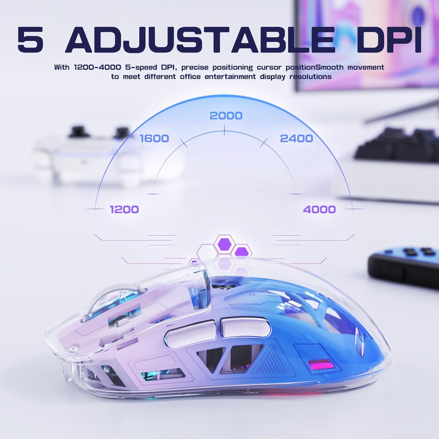 Diagram illustrating 5 adjustable DPI levels from 1200 to 4000, with the mouse shown below.