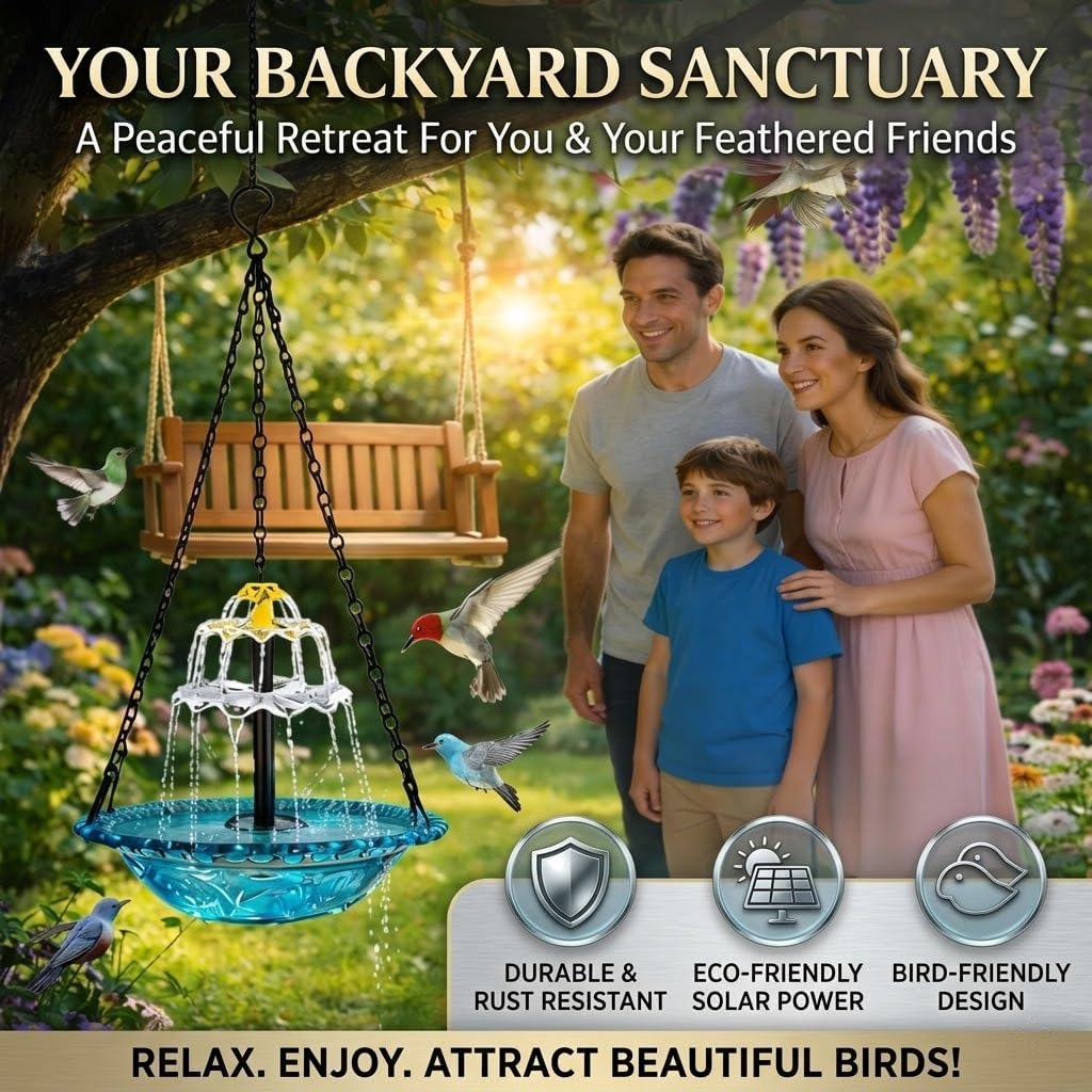 Solar Cascade Hanging Bird Bath Fountain, Solar Powered Hanging Bird Bath with Glass Bowl, Outdoor Hanging Birdbath Water Fountain for Hummingbirds, Garden Patio Yard Decor, Blue (red)