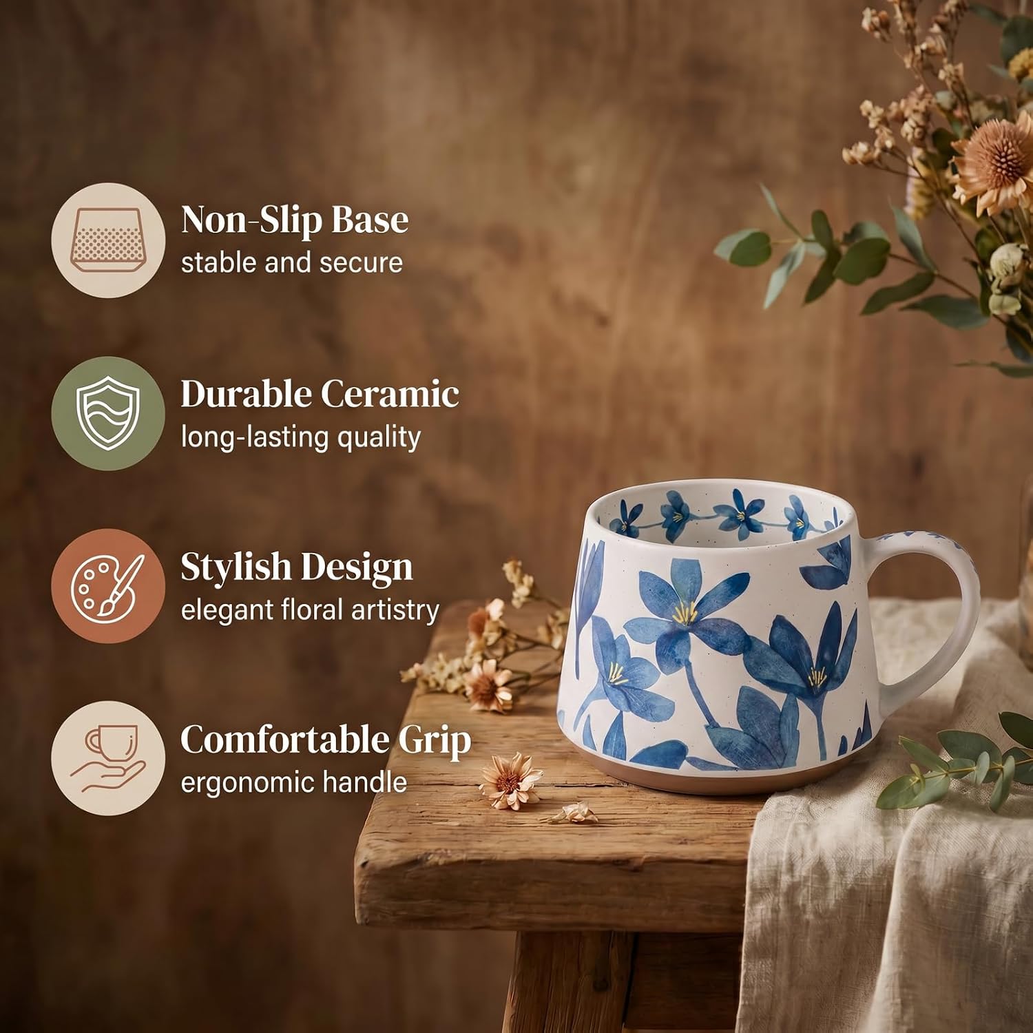 13 oz Cute Blue Bulky Flower Ceramic Coffee Mug, Gifts for Women