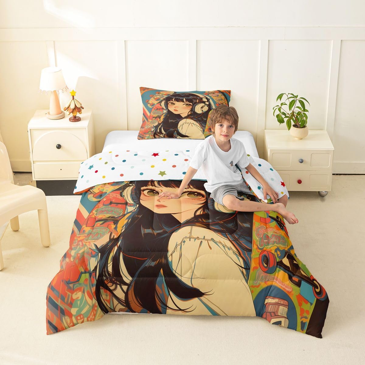 Erosebridal 2Pcs Anime Bedding Fashion Street Girls Comforter Set 3D Cartoon Printed Comfortable Soft Bed Set for Kids Boys Girls Teens Tattoo Watercolor Art Japanese Style Duvet Set Twin Size