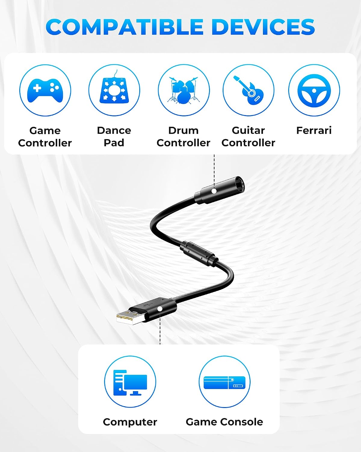 USB Breakaway Cable for Xbox 360 Controller, Logitech G920, Logitech G923 G27 G29, Thrustmaster 458 Spider, RockSmith Cable - Xbox to USB Adapter (1, Black)