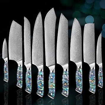 Knife Set, 9PCS Damascus Steel Knives Set Chef Knife Kitchen Cleaver Paring Bread Knife Lasting Sharp Abalone Shell Handle Kitchen Knife Set BY ZZYY Color 9PCS