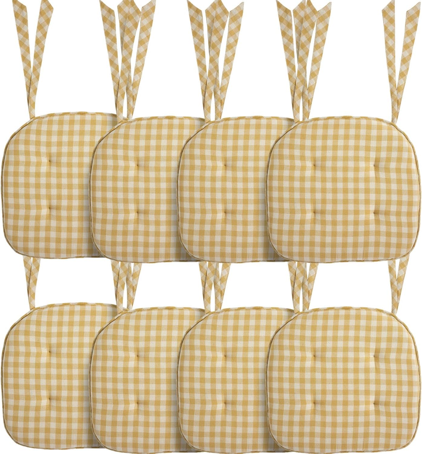 VHC Brands Buzzy Bees Primitive 16.5"x18" Chair Pad Yellow Tucked Cotton Check Tie Back(s) Rectangle Kitchen Table Decor, Set of 2